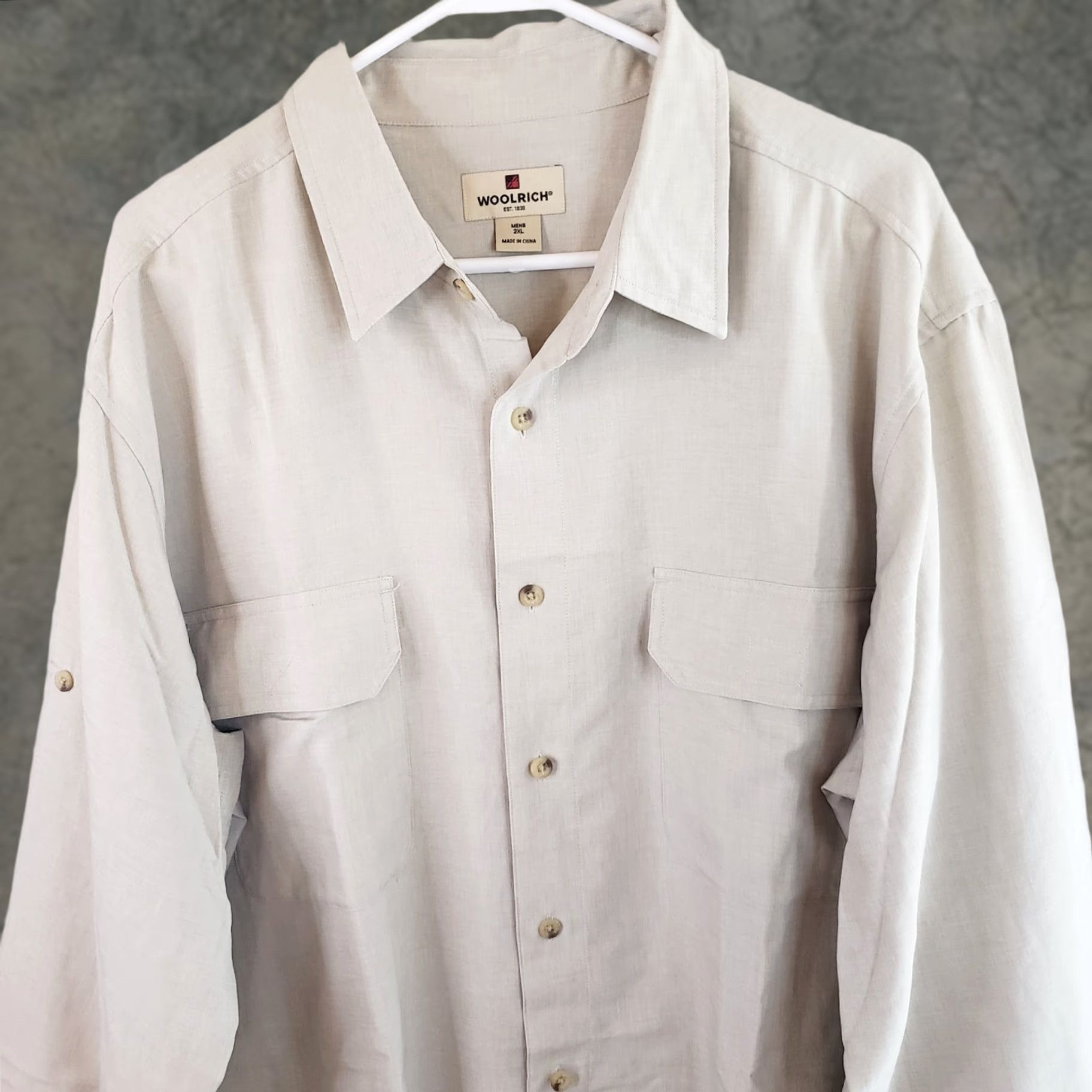 Vintage Woolrich Button-Up Shirt Men’s Long Sleeve Casual Regular XXL British Tan Beige Polyester Solid Button-Up Shirt Mens XLT Size US XXL / EU 58 / 5 - 1 Thumbnail