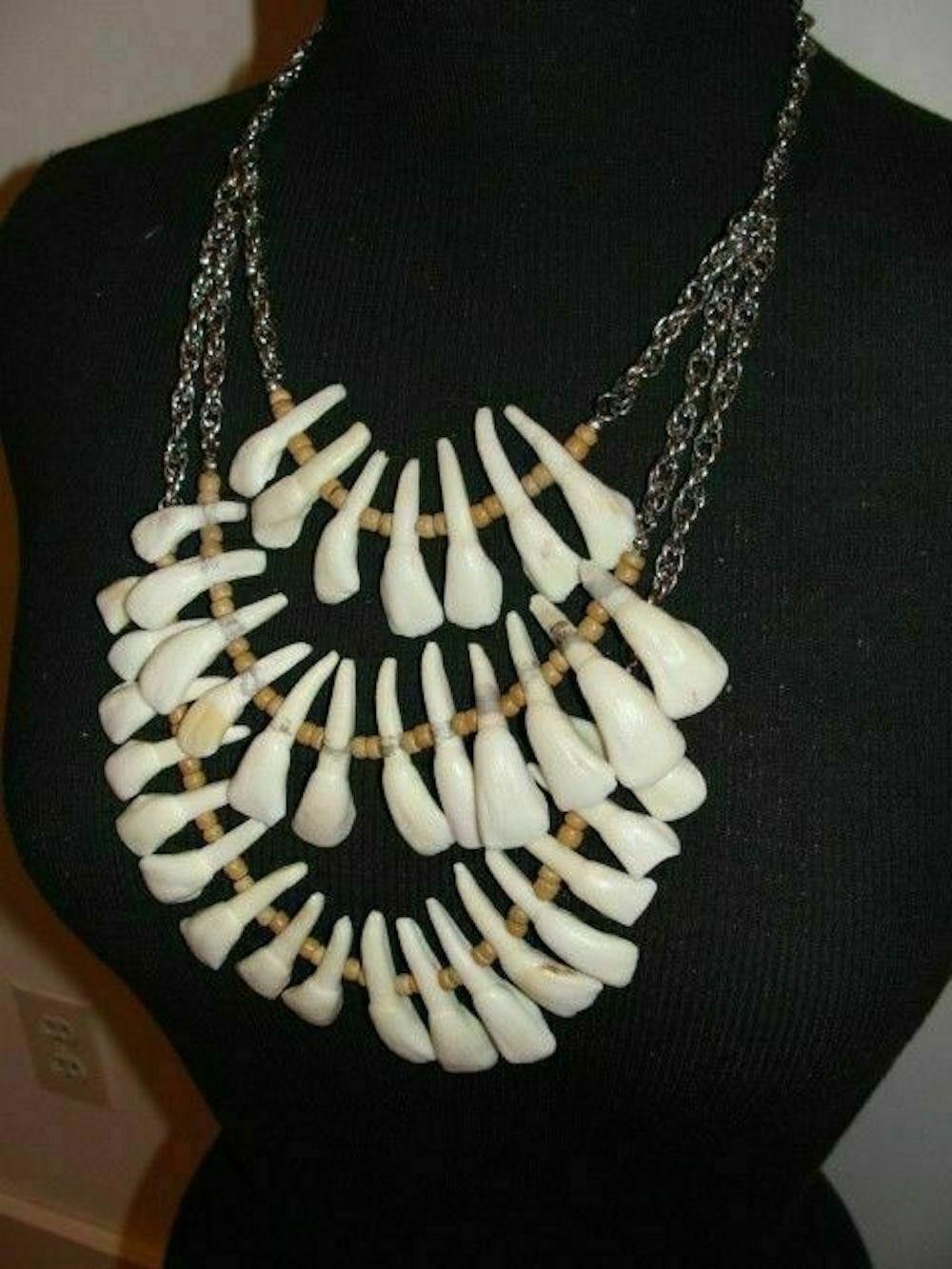 Handmade Santeria Necklace of Buffalo Teeth, Wood & Silver Tone Chain Size ONE SIZE - 3 Thumbnail