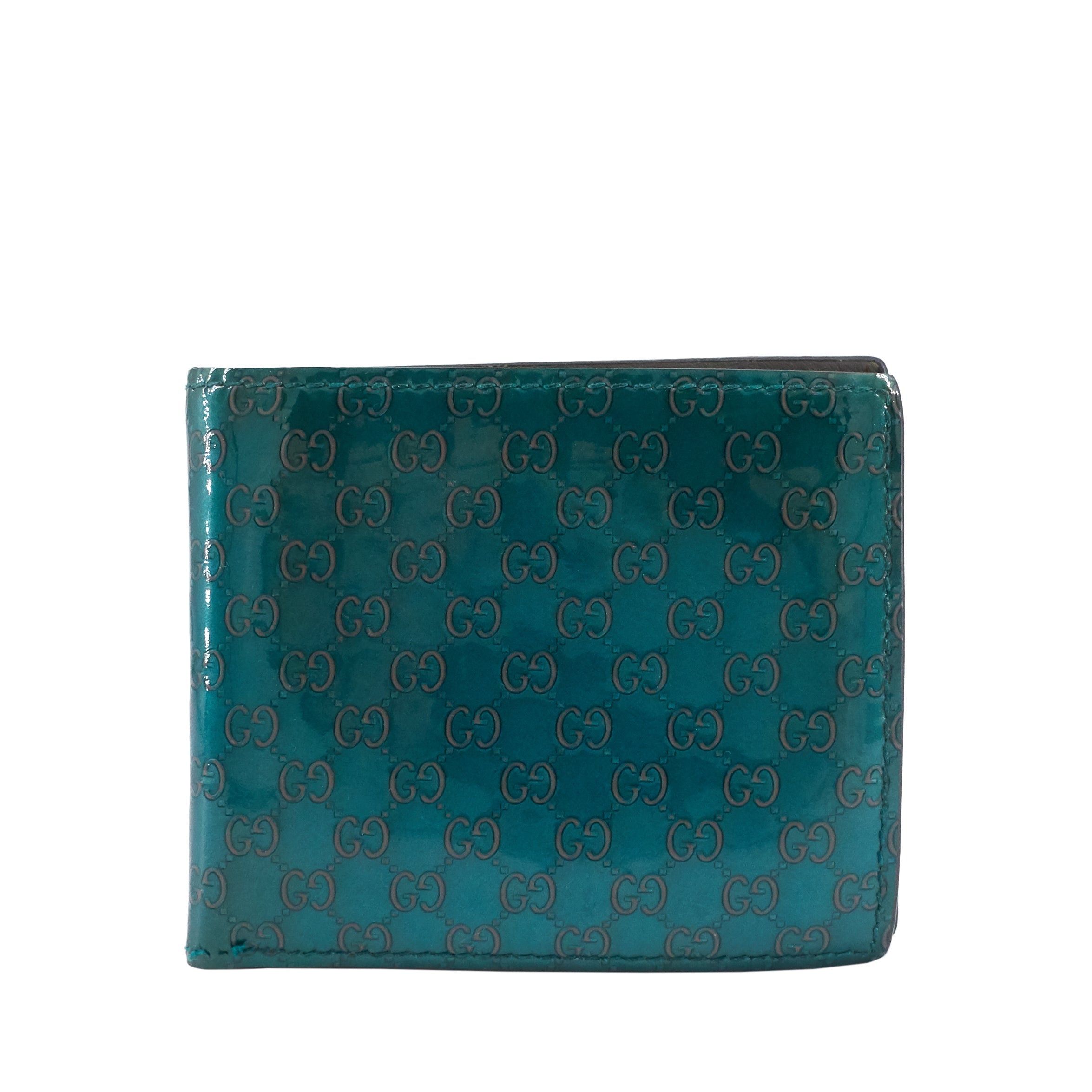 image of Gucci MicroGuccissima Bifold Patent Leather Wallet in Blue, Women's