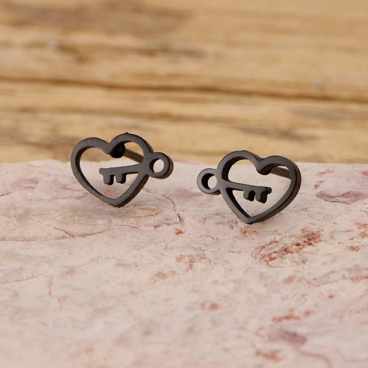 Jewelry Heart Key Mini Stud Earrings Charm Earring Gift Size ONE SIZE - 1 Preview