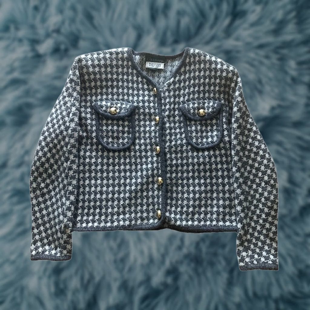 Bergdorf Goodman VINTAGE Bergdorf Goodman x Plaza Of New York Cardigan S Gray Wool Rabbit Hair Geometric Fair Isle Button Long Sleeve V-Neck Classic Men’s Sweater Rare Size US S / EU 44-46 / 1 - 1 Thumbnail