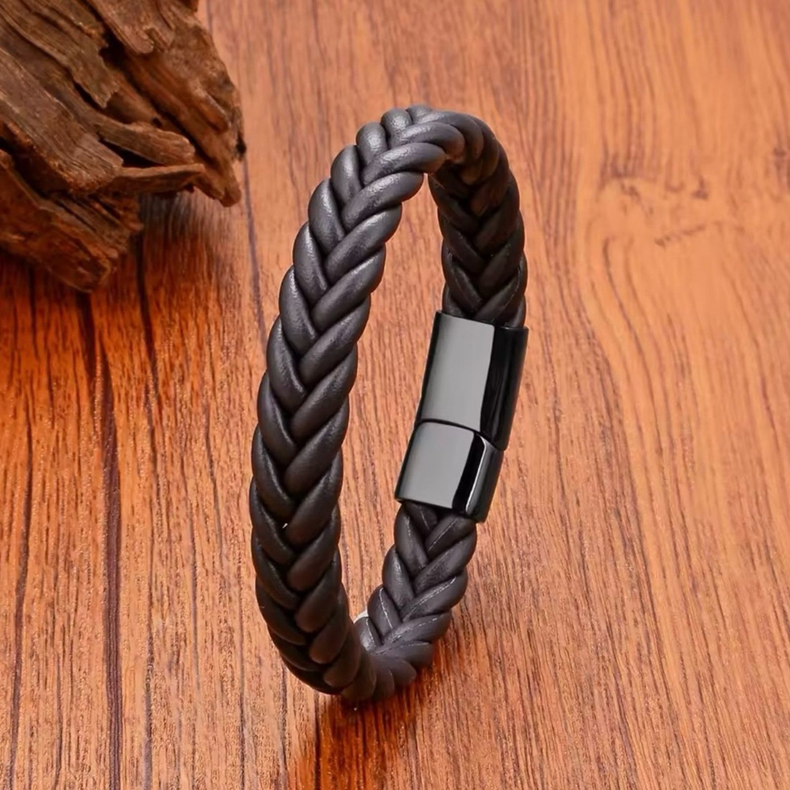Other Men’s Wide Woven Leather Bracelets Stainless Steel 8.2” Size ONE SIZE - 1 Preview