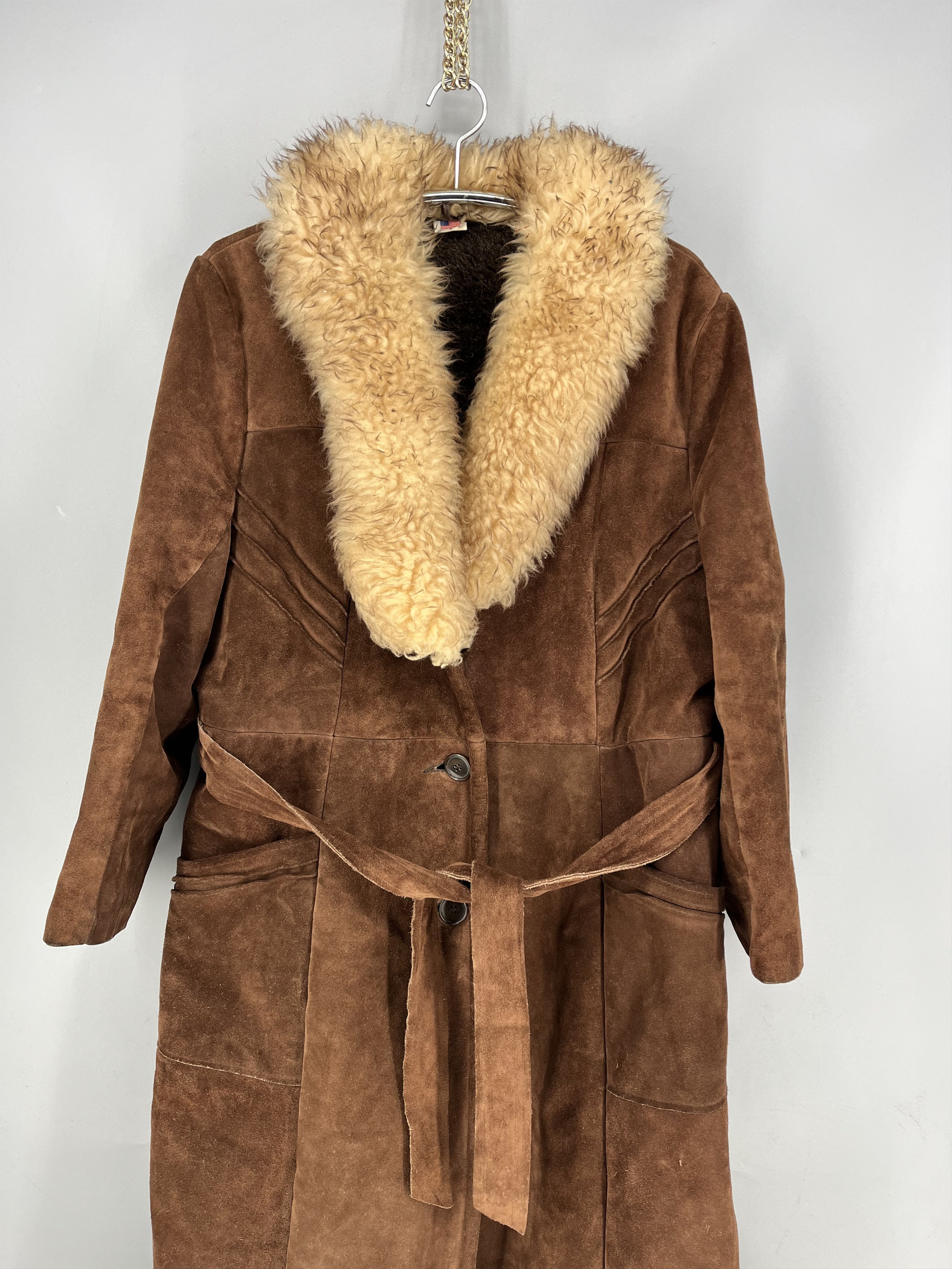 Vintage 70s Suede Shearling Coat USA Made Brown Faux Fur Lined Heavy Size US L / EU 52-54 / 3 - 2 Thumbnail