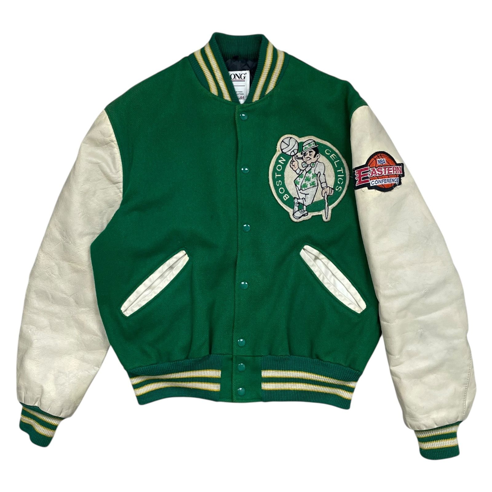 NBA VTG 90s BOSTON CELTICS DELONG VARSITY WOOL LEATHER JACKET 44 Size US L / EU 52-54 / 3 - 2 Thumbnail