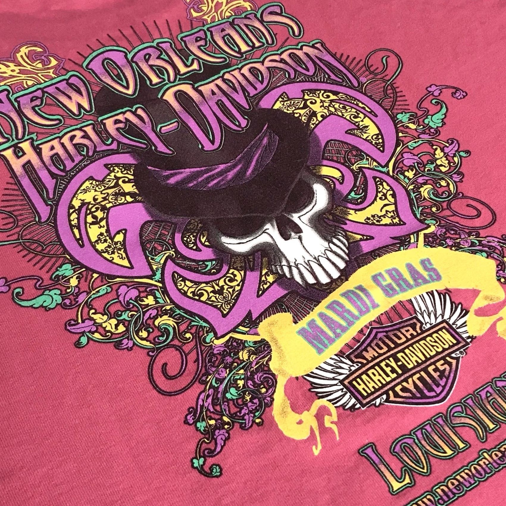 Harley Davidson VINTAGE Harley-Davidson Women T-Shirt Short Sleeve Crew Neck Pink Mardi Gras Skull New Orleans L Size L / US 10 / IT 46 - 6 Thumbnail