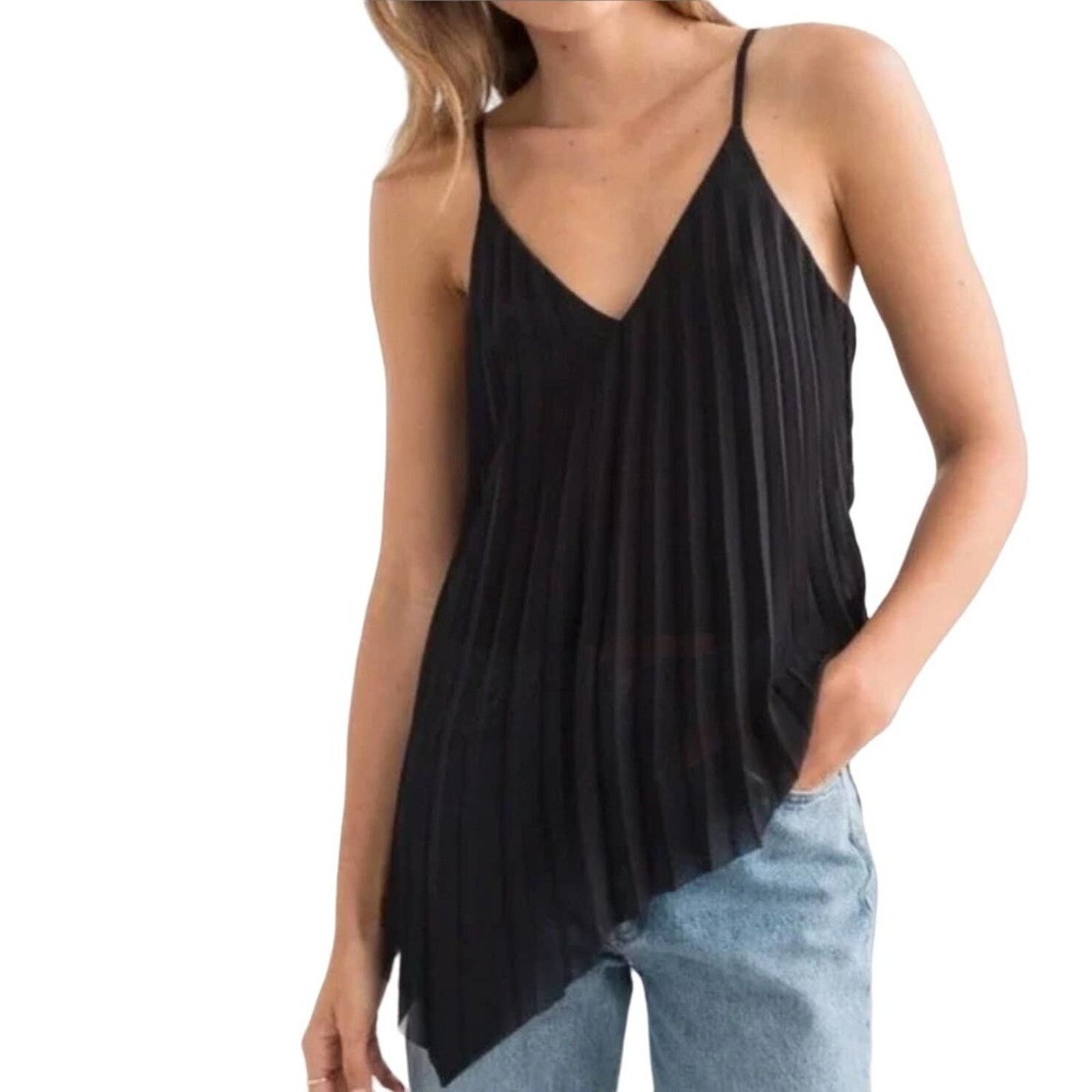 & Other Stories & Other Stories Black Pleated Chiffon Asymmetric V Neck Sz 4 Size S / US 4 / IT 40 - 1 Thumbnail