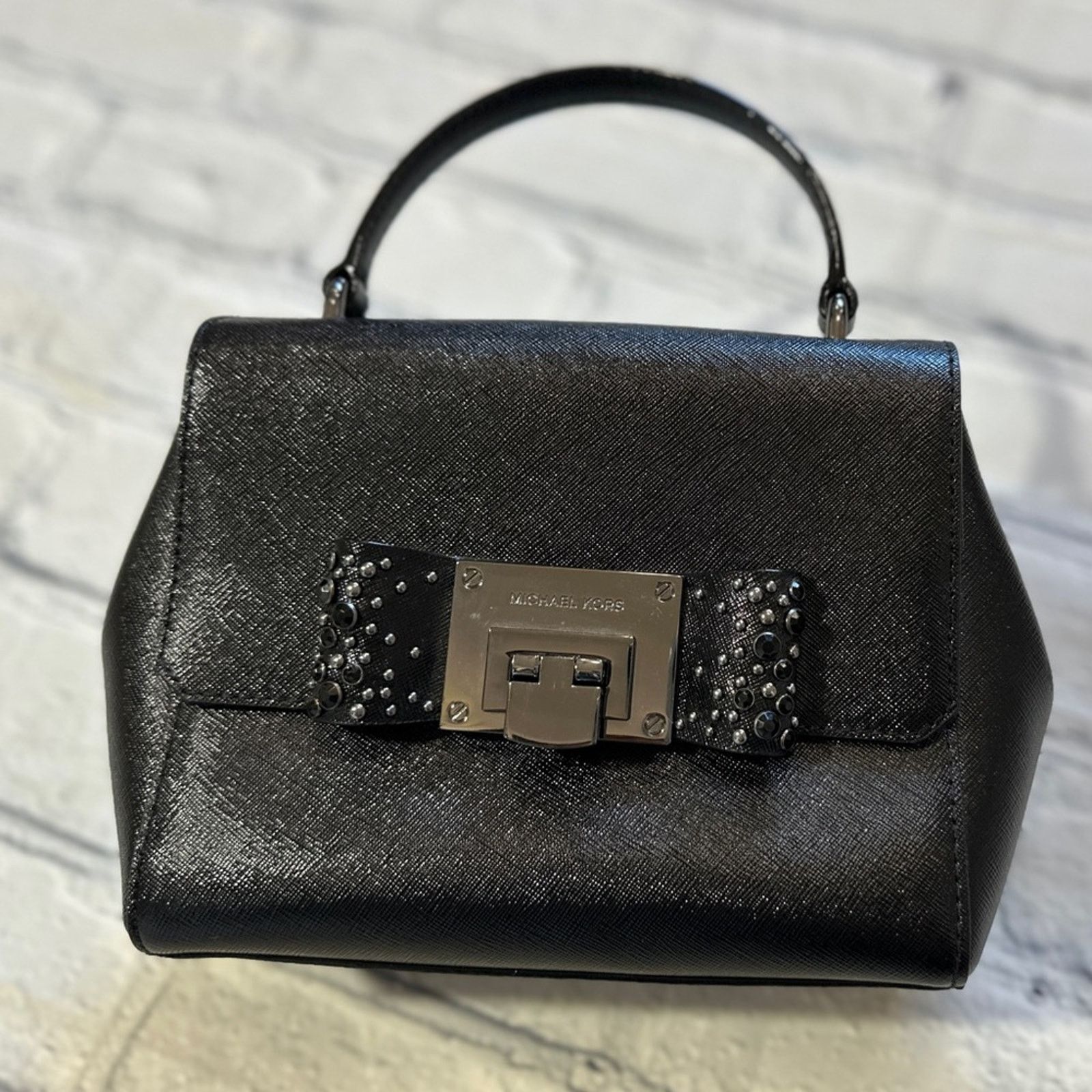 Michael Kors Michael Kors Tina Bow Jewel Leather Satchel in Black Size ONE SIZE - 2 Thumbnail