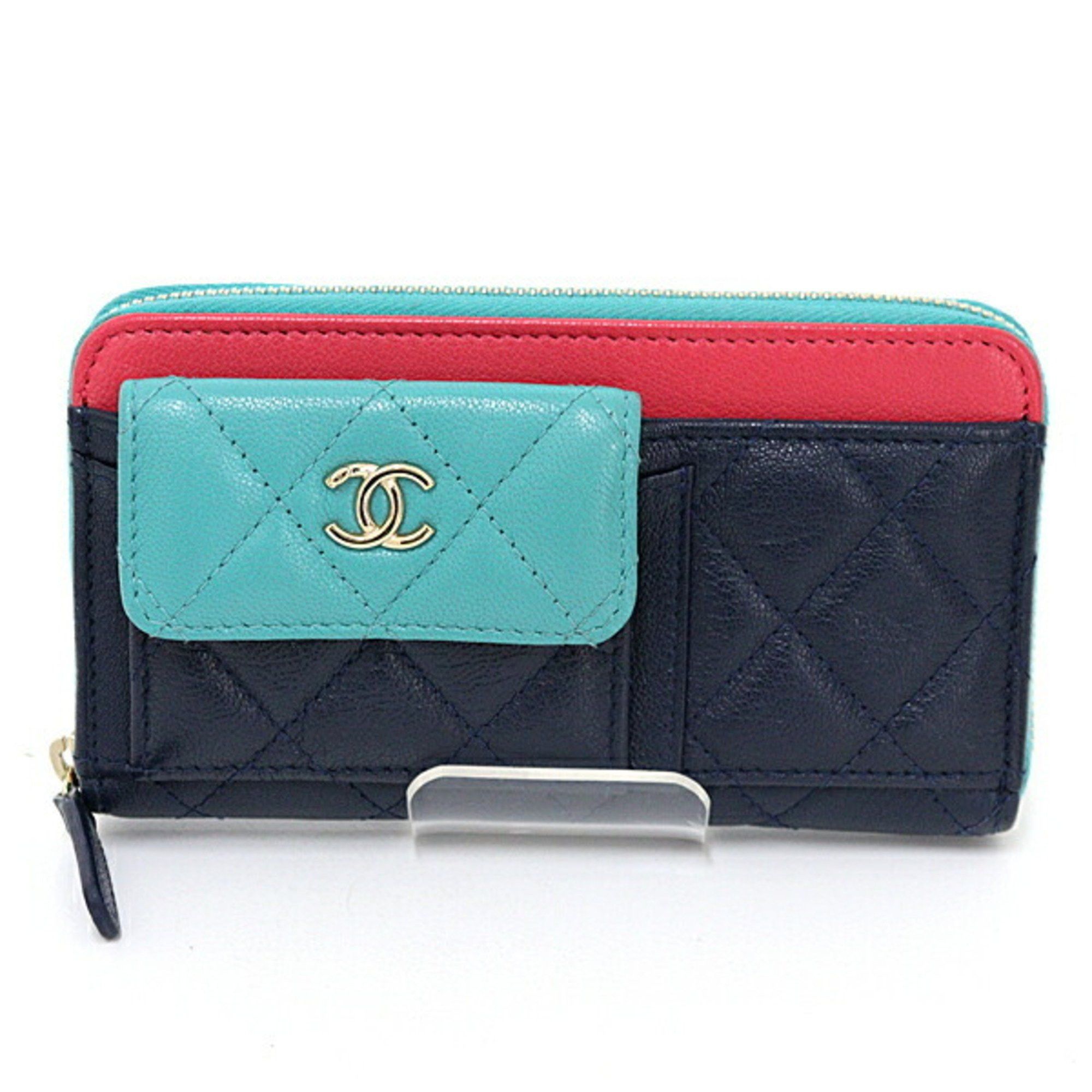 Chanel Chanel Matelasse Zip Wallet Goatskin Navy/Green/Pink AP1140 29 Series Size ONE SIZE - 1 Thumbnail