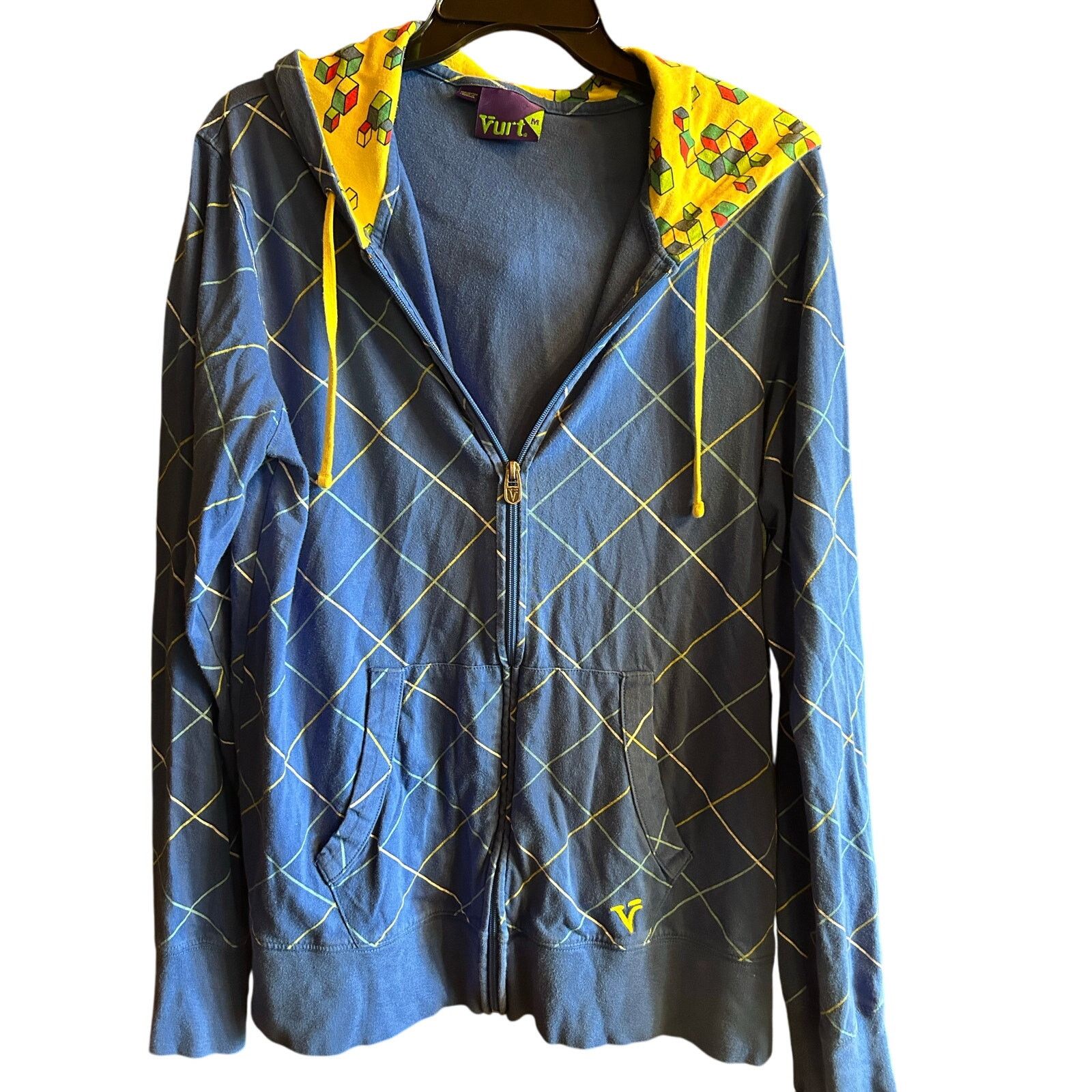 Other Vurt Y2K Zip Hoodie Blue Grid Geometric Cube Hood Medium Size US M / EU 48-50 / 2 - 2 Thumbnail