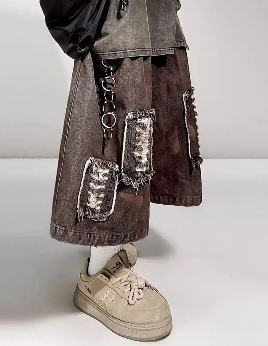 Japanese Brand × Jean Retro Torn Patch Loose Hip Hop Shorts Size US 32 / EU 48 - 2 Thumbnail