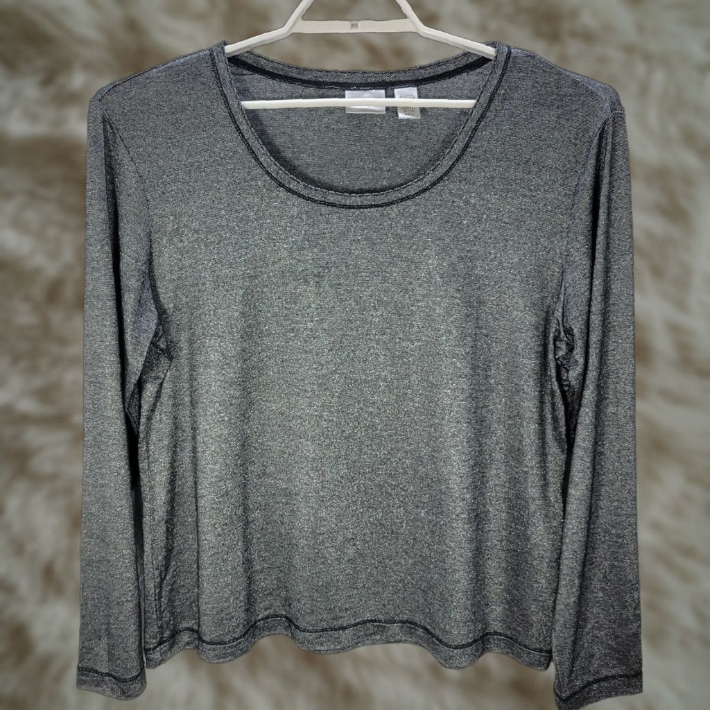 Vintage Chico's Womens Blouse Shirt Grey Silver Metallic Rayon Light Stretch Crew Neck Sz 3 Long Sleeve Womens Size XS / US 0-2 / IT 36-38 - 1 Thumbnail