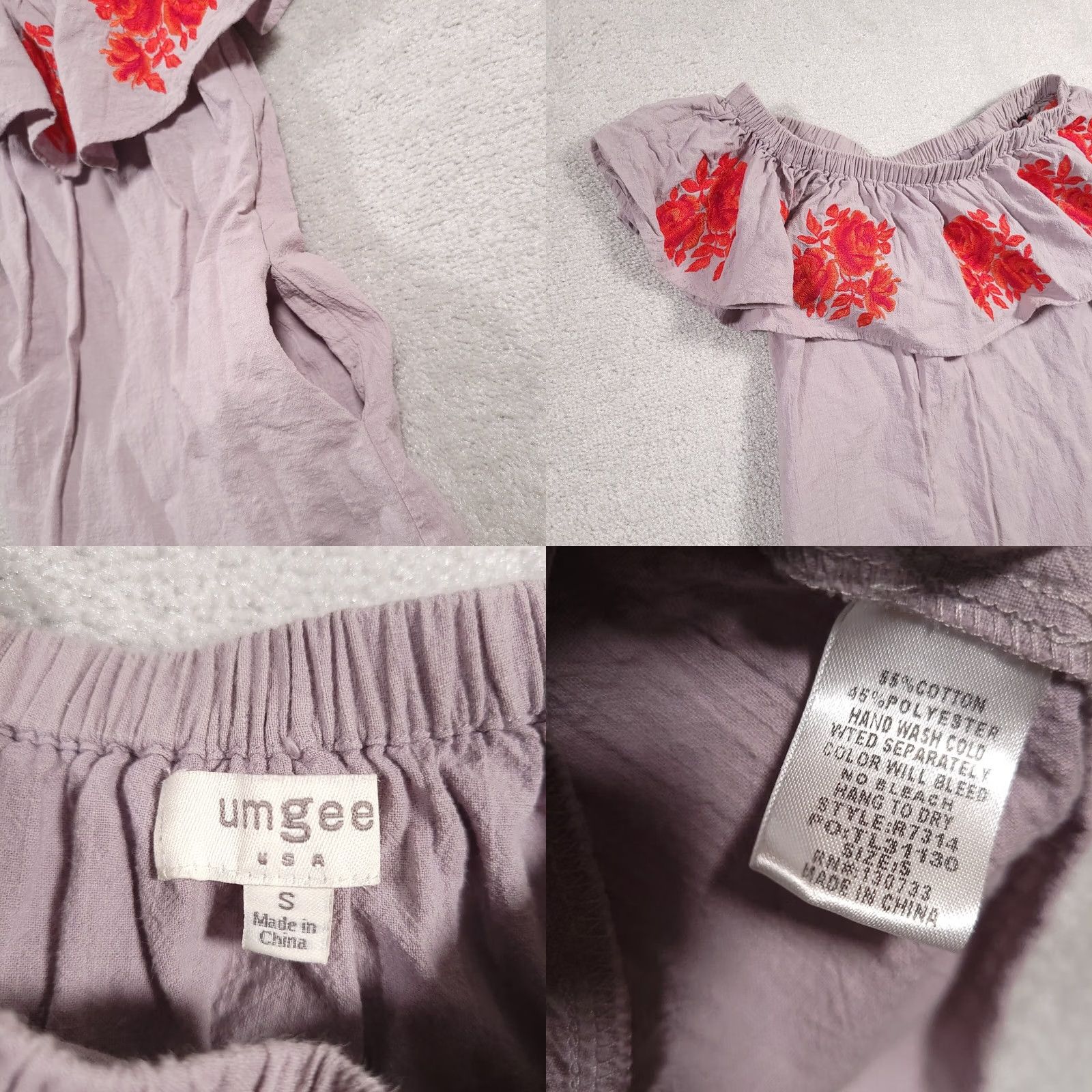 Vintage UMGEE Shirt Dress Women's Small Gray Embroidered Flowers Pockets Off Shoulder Flutter Sleeve Short Ruffle Shift Dress Casual Size 28" / US 6 / IT 42 - 8 Thumbnail