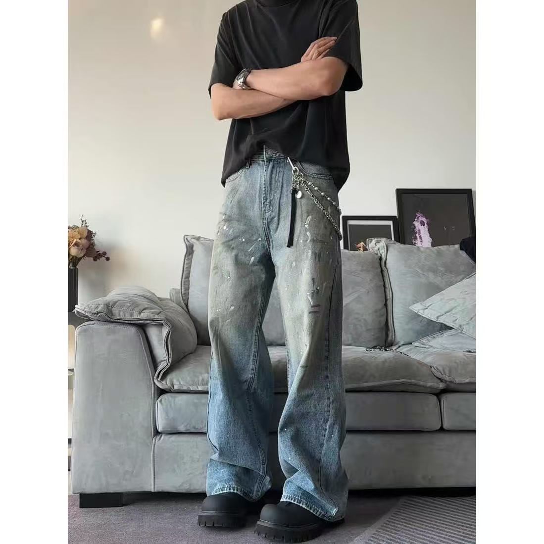Japanese Brand Blue washed ink-splashed distressed jeans Size US 32 / EU 48 - 1 Thumbnail