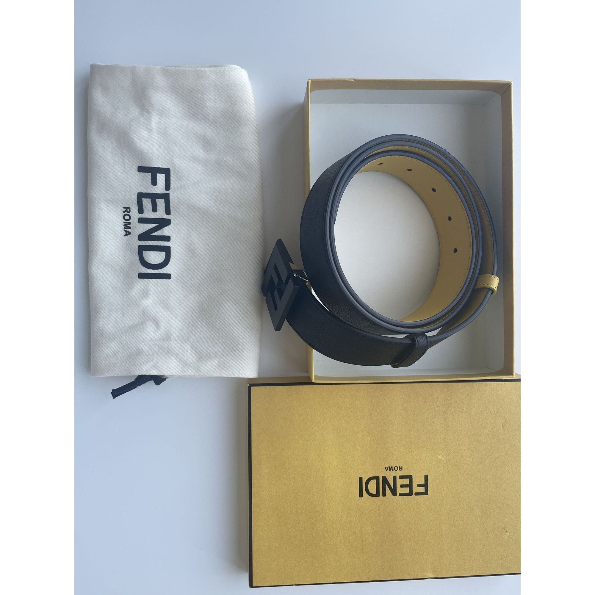 Fendi Fendi Mens Black & Yellow Leather Reversible Belt With FF Lo Size ONE SIZE - 5 Thumbnail