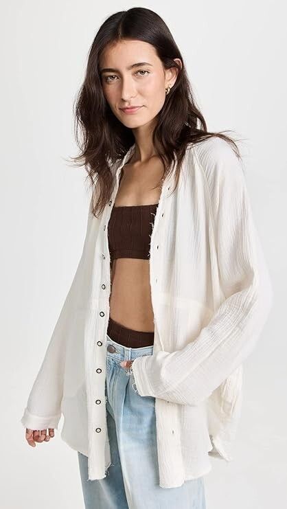 Free People Free People Summer Daydream Button Shirt Ivory ( L ) Size L / US 10 / IT 46 - 2 Thumbnail