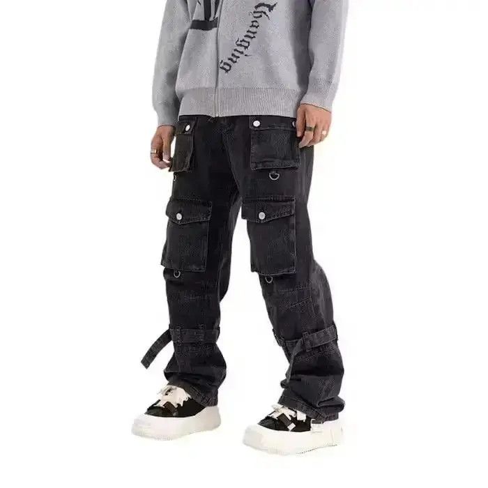 Japanese Brand Men Black Washed Stacked Cargo Jeans Size US 32 / EU 48 - 3 Thumbnail