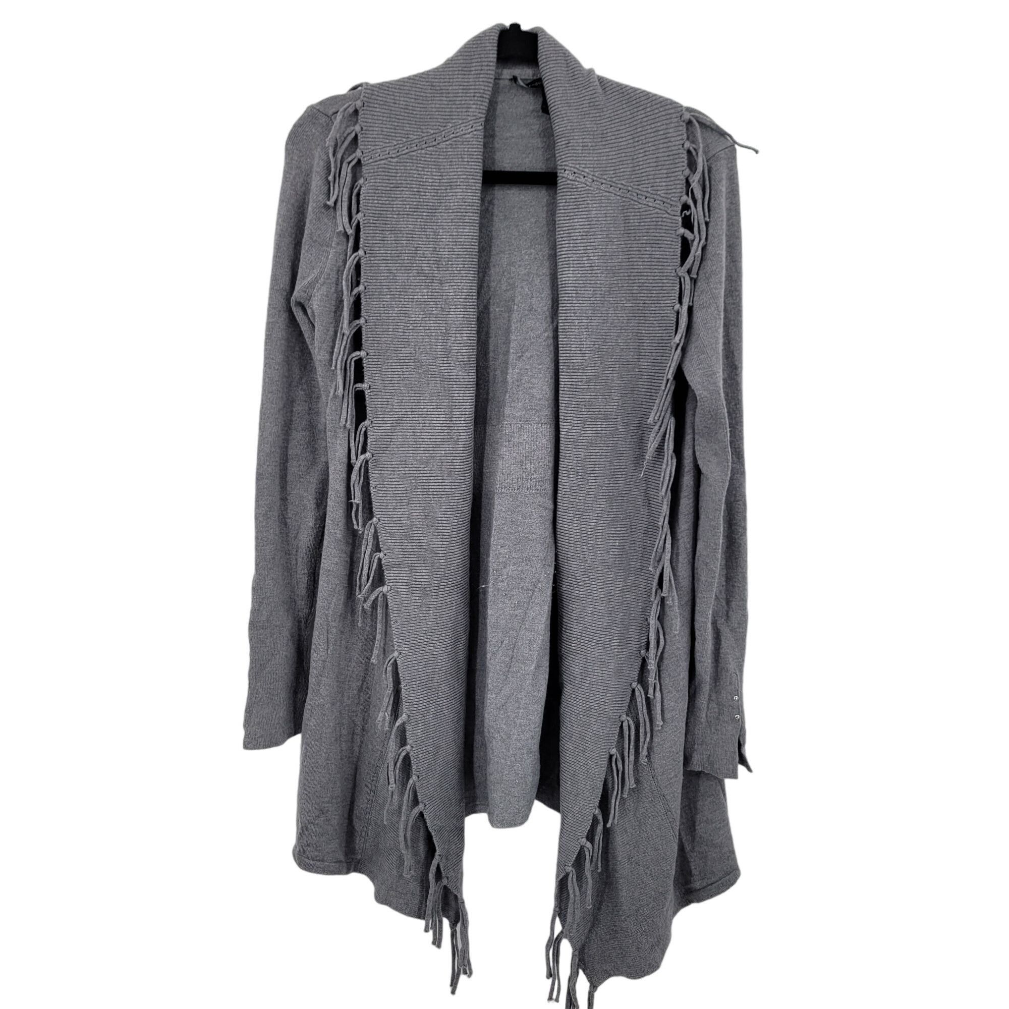 White House Black Market WHBM Fringe Western Cardigan Duster M Gray Wool Heavy Knit S Size M / US 6-8 / IT 42-44 - 12 Thumbnail
