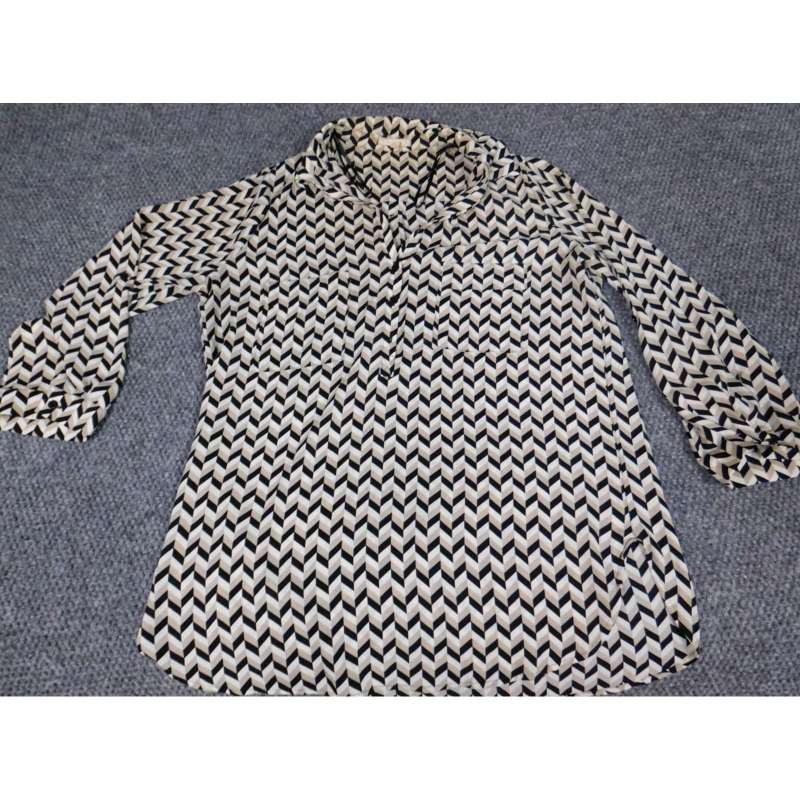 Vintage Pleione Blouse XS Beige Striped Button Pullover Long Sleeve Collared Bell Sleeve Regular Womens Size XS / US 0-2 / IT 36-38 - 2 Thumbnail