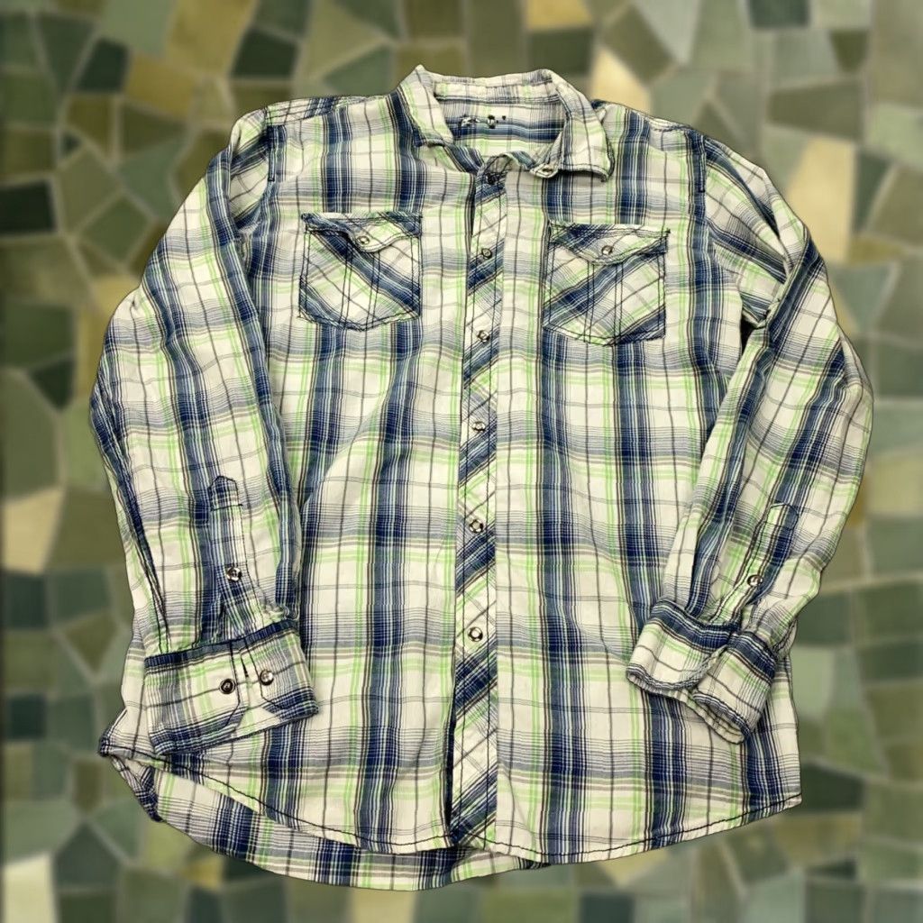 Vintage Skully Mens Shirt Large Blue Green Plaid Snap Pockets Western Roll-Tab Sleeves Size US L / EU 52-54 / 3 - 1 Thumbnail