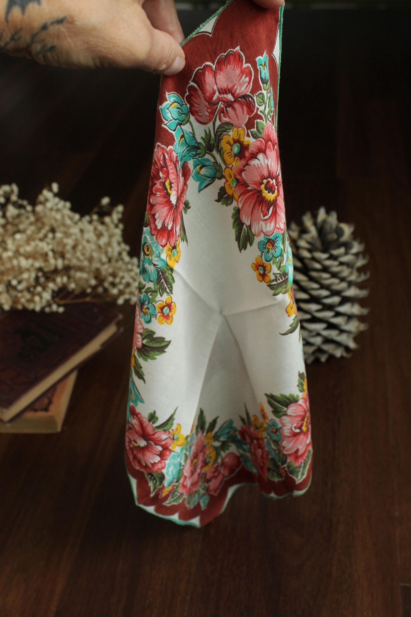 Vintage Vintage Handkerchief, Brown and Teal Wildflower Floral Print Size ONE SIZE - 10 Thumbnail