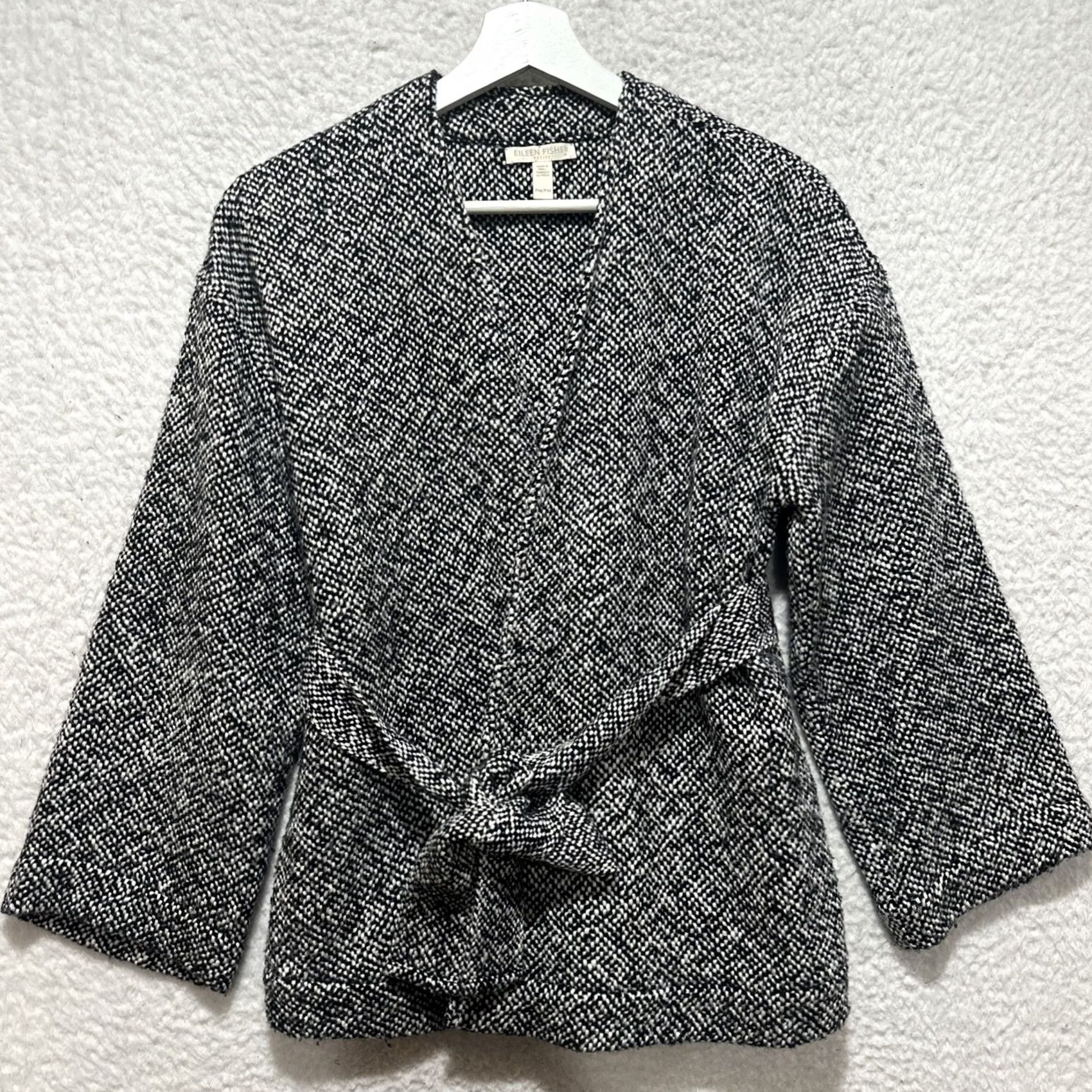 Eileen Fisher Eileen Fisher Women's PM 100% Organic Cotton Wrap Jacket Cardigan with Tie, Black, Petite, Long Sleeve, Casual Wear, Kimono Style, Tie Closure Size M / US 6-8 / IT 42-44 - 2 Thumbnail