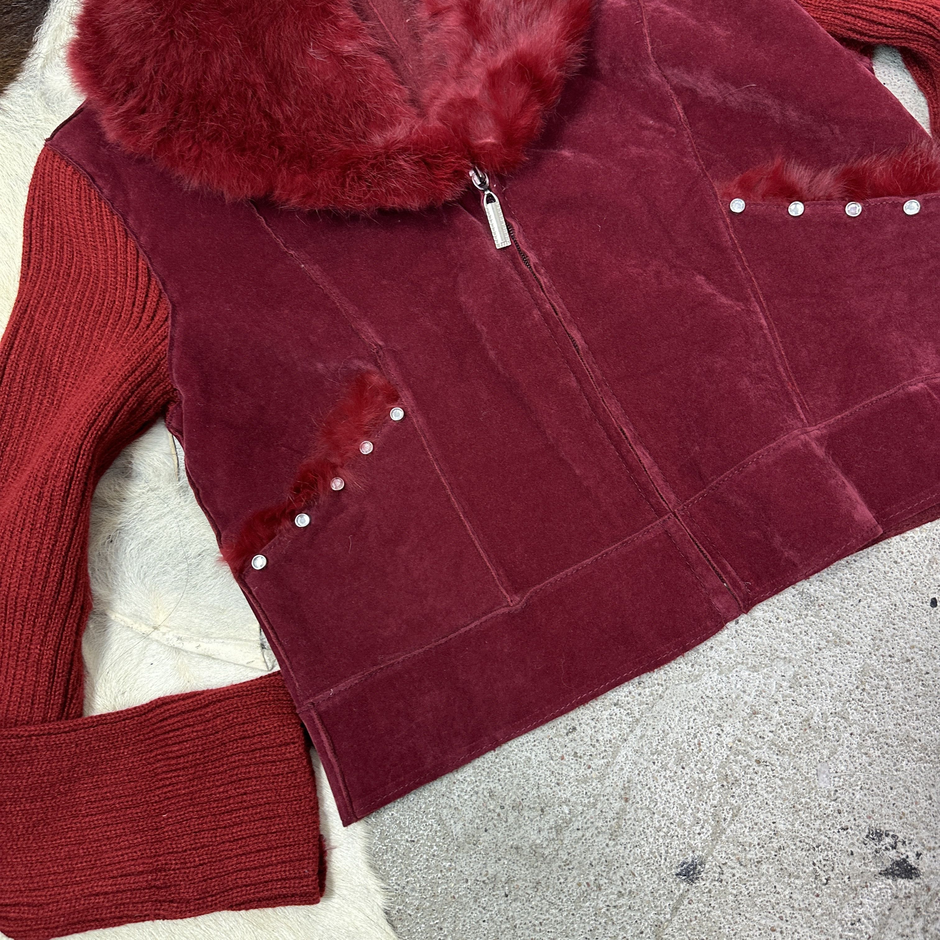 Vintage Vintage Chery Red Burgundy Real Fur Collar Jacket 00s Size S / US 4 / IT 40 - 4 Thumbnail