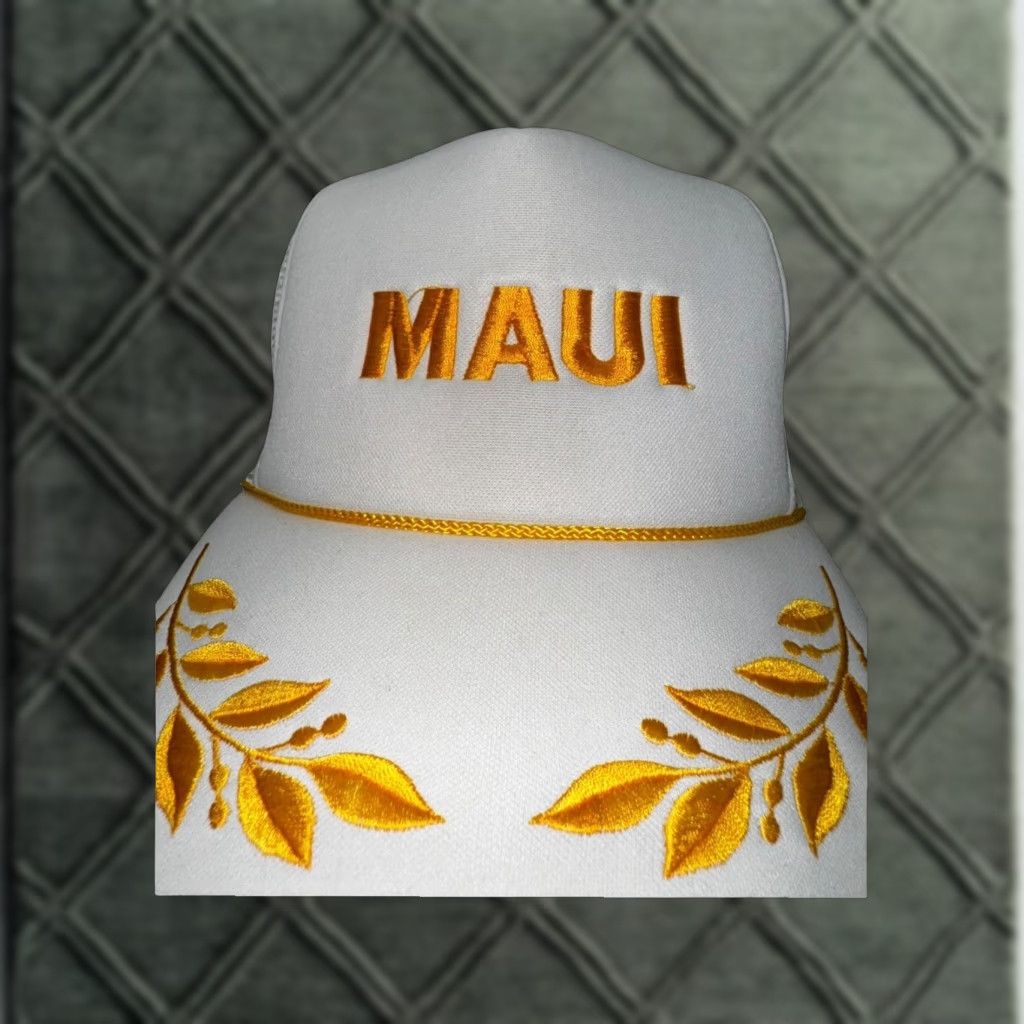 Vintage VINTAGE Maui White Gold Hawaii Surf Scrambled Egg Brim Snapback Hat Men One Size White Snapback Hat Size ONE SIZE - 1 Thumbnail
