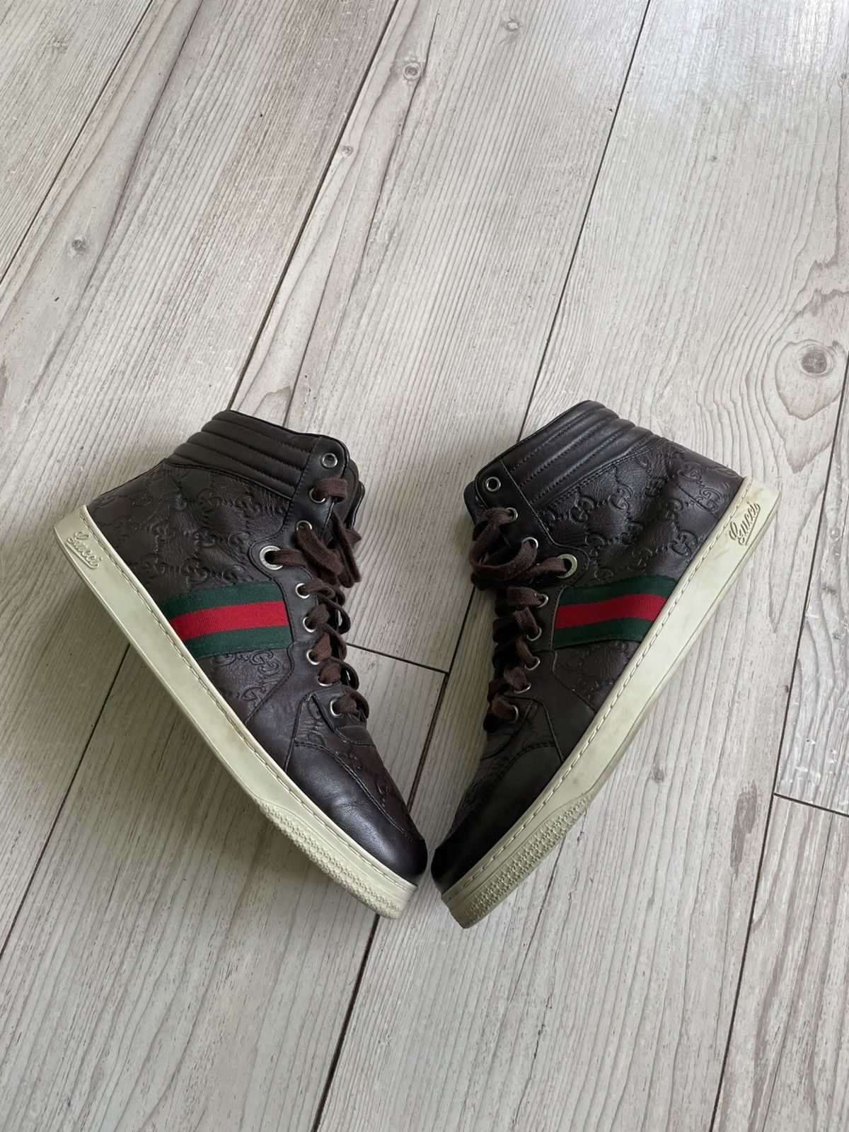 Gucci GUCCI Sneakers Hi-Top Leather Web Guccisima GG Monogram Size US 8 / EU 41 - 13 Thumbnail