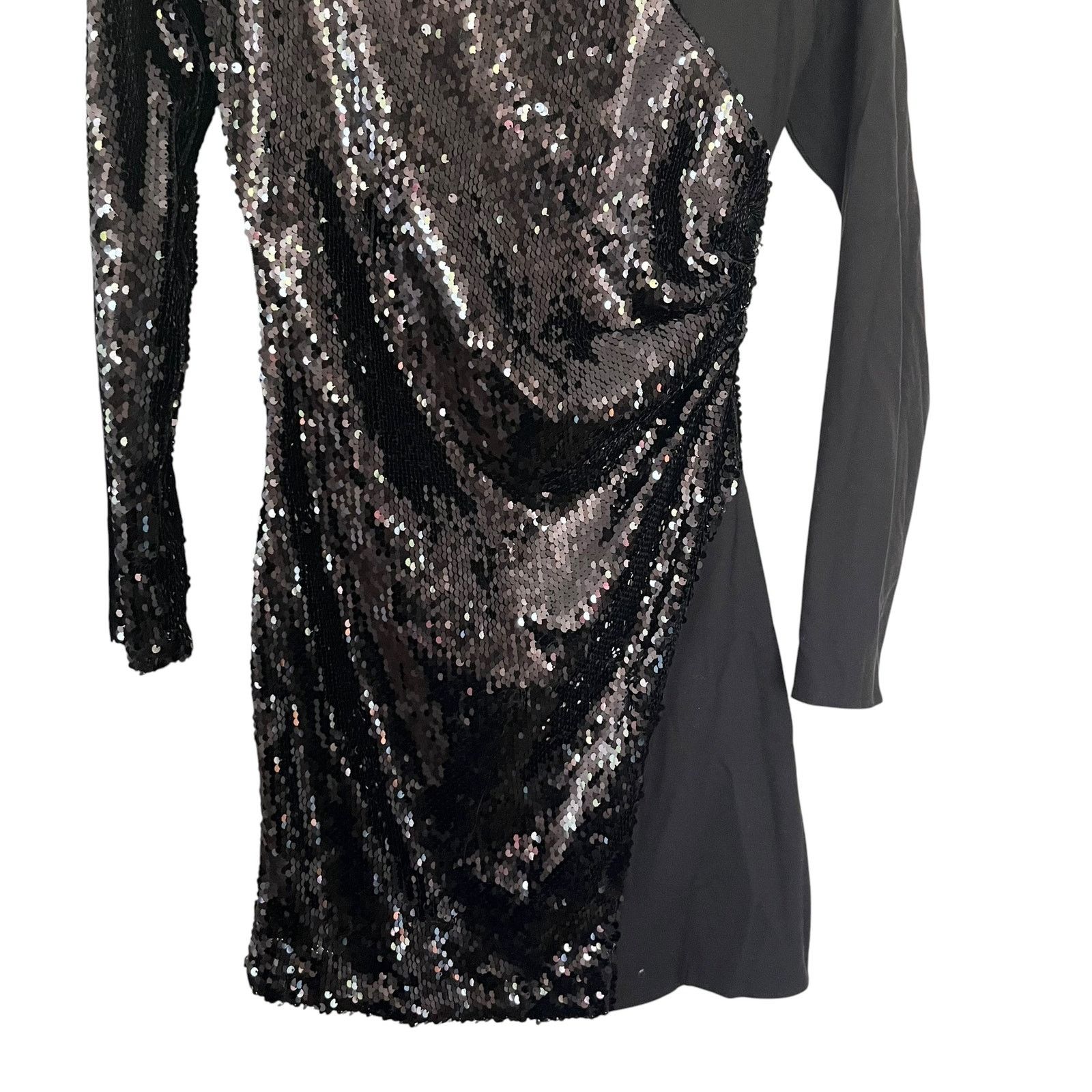Zara Zara Black Sequin Contrast Mini Dress Long Sleeve Ruched Size XS / US 0-2 / IT 36-38 - 5 Thumbnail