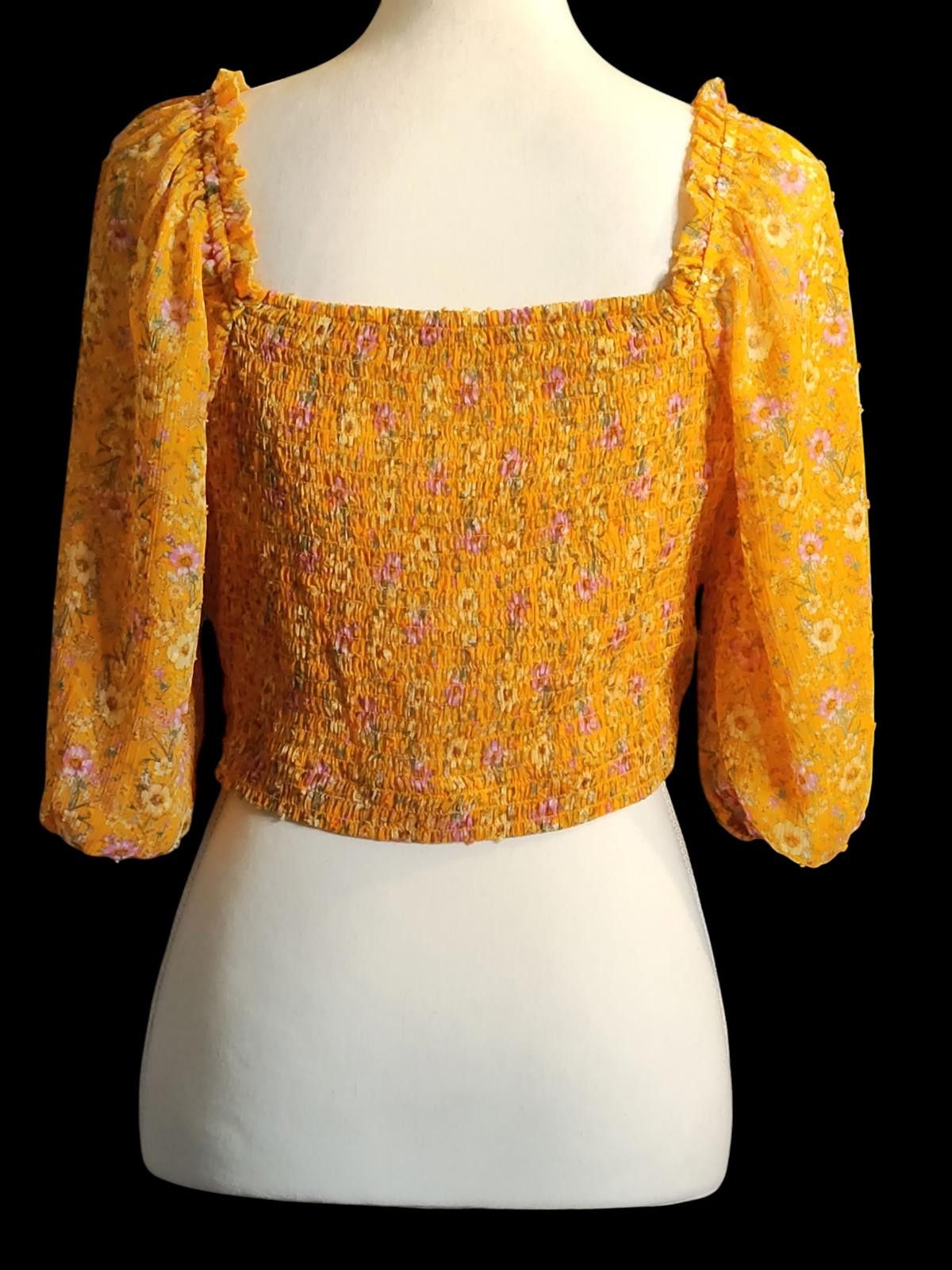 Luchiano Visconti Lush Yellow Floral Wrap Crop Top with Puff Sleeves Size M / US 6-8 / IT 42-44 - 5 Thumbnail