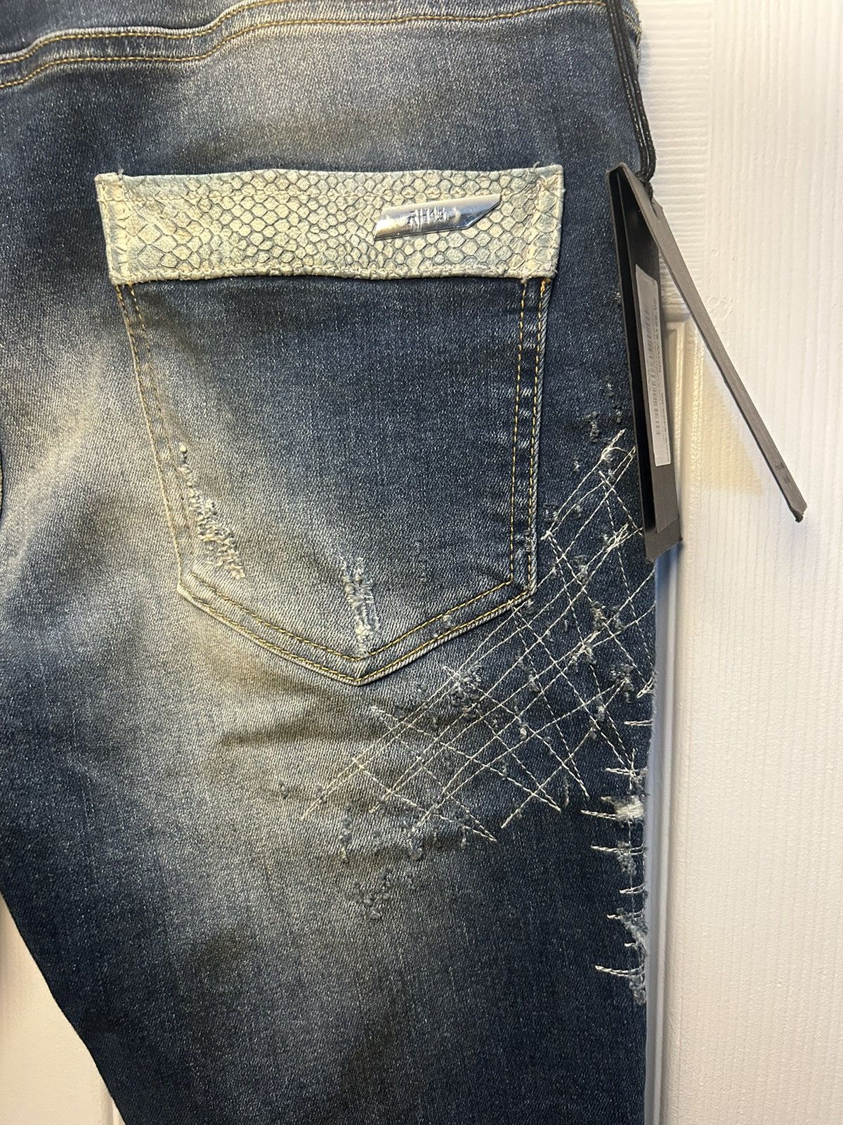 Other “RH45” Blue distressed skinny jeans with snake skin accents Size US 32 / EU 48 - 4 Thumbnail