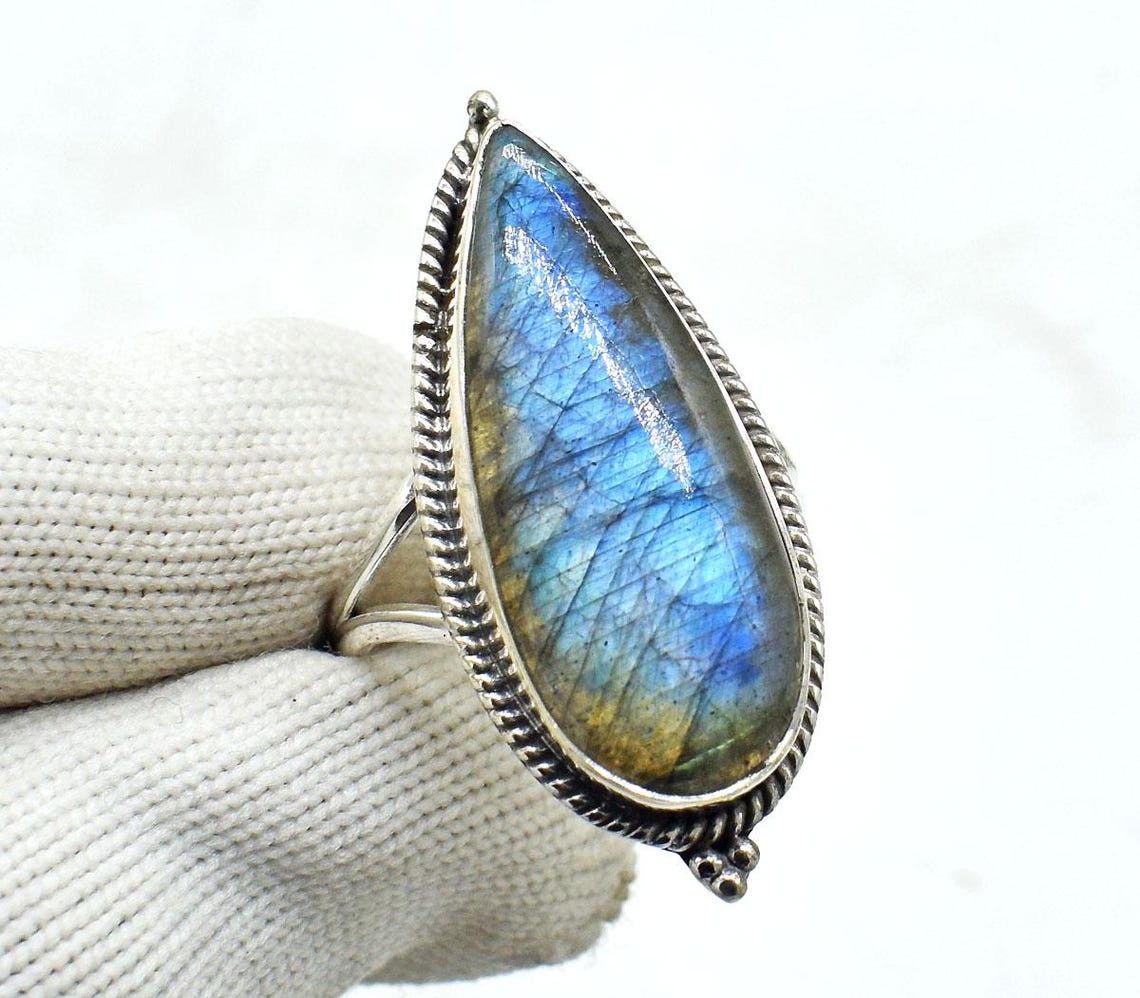 Handmade Pear Labradorite 925 Silver Ring: Handmade Wedding Jewelry Size ONE SIZE - 2 Thumbnail