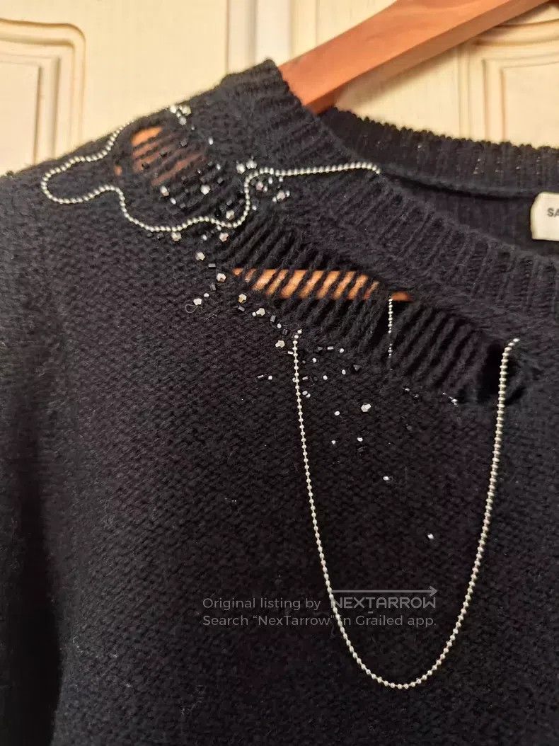 Saint Laurent Paris Saint Laurent Paris Black Rhinestone Hole Knit Sweater Size L / US 10 / IT 46 - 4 Thumbnail