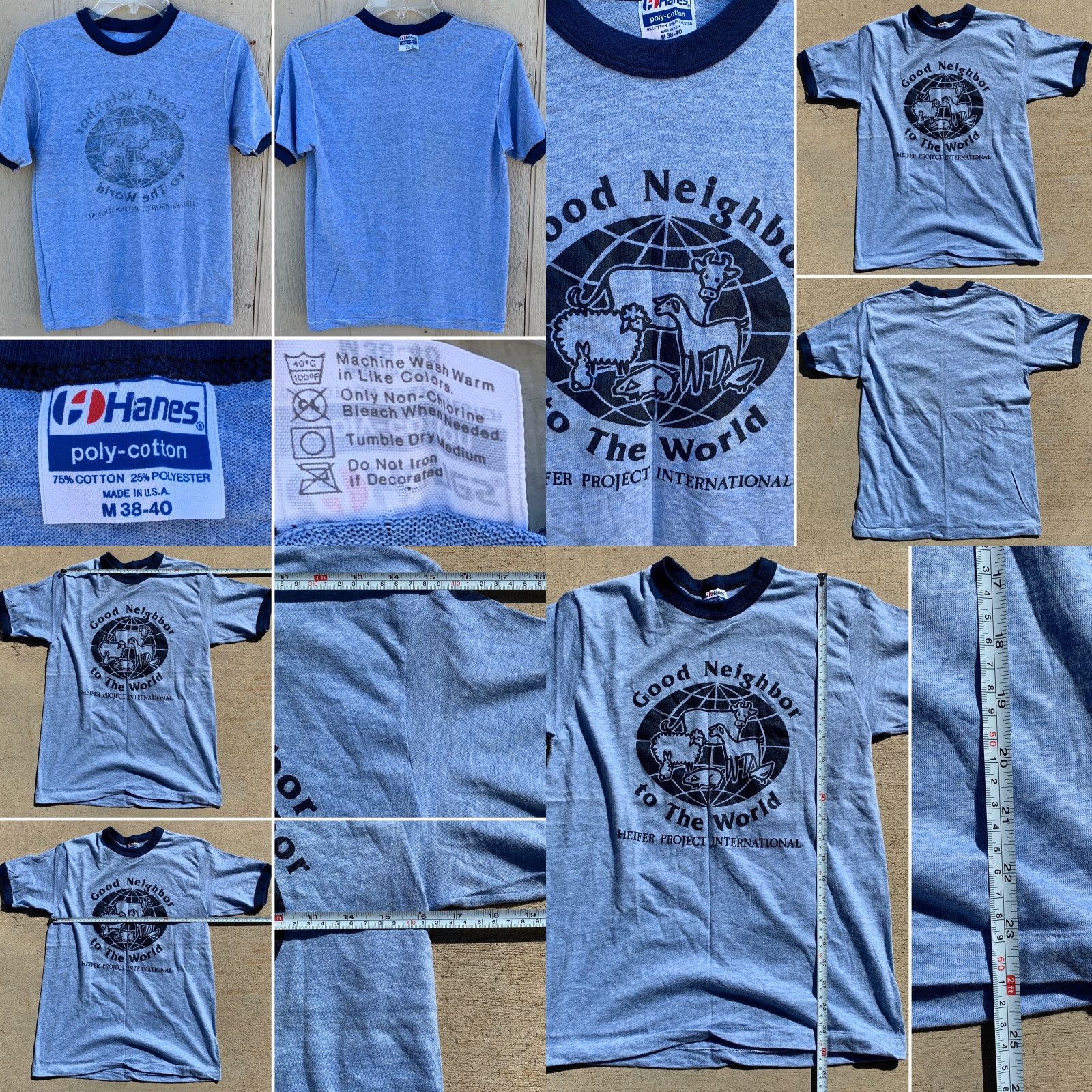 Hanes VINTAGE Heifer Project International Ringer T Shirt M Men Blue 1980s Hanes Poly/Cotton Graphic Tee Size US M / EU 48-50 / 2 - 8 Thumbnail