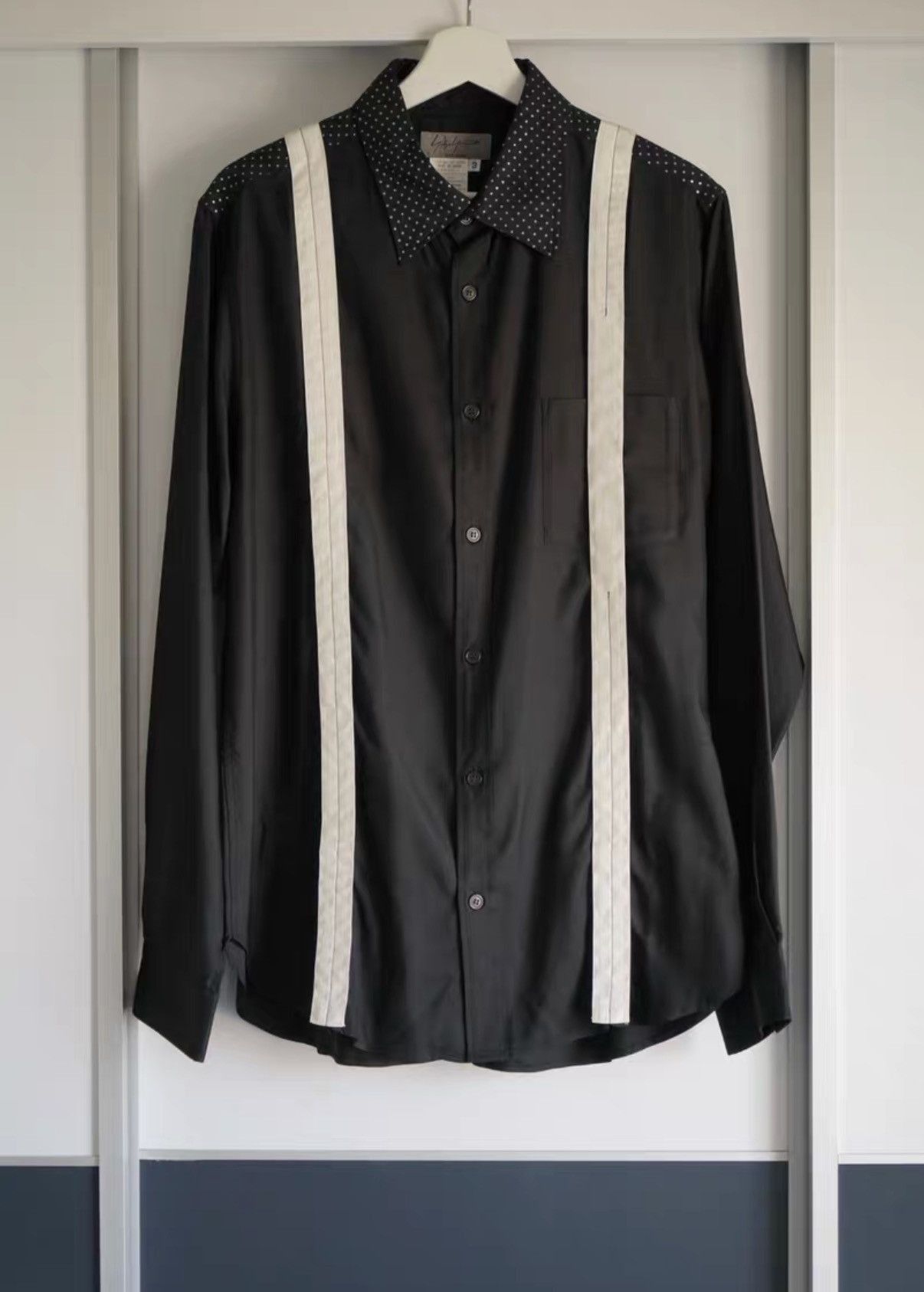 Yohji Yamamoto Black Long Sleeve Shirt w/ White Stripes & Polka Dot Collar Size US L / EU 52-54 / 3 - 1 Thumbnail