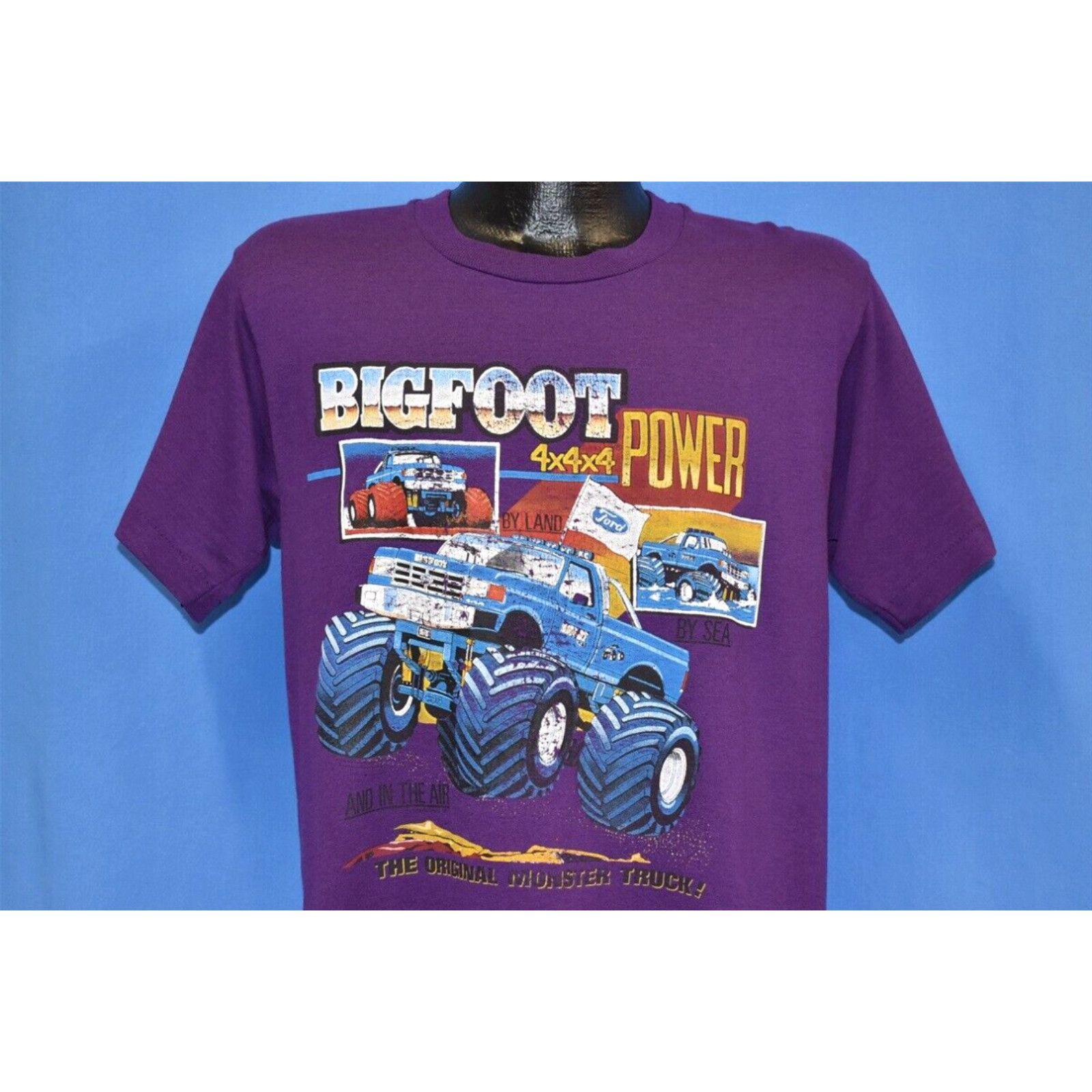 image of Screen Stars Vintage 90's Bigfoot Ford Monster Truck Pickup 4X4X4 Power Land Sea Air T-Shirt M in W