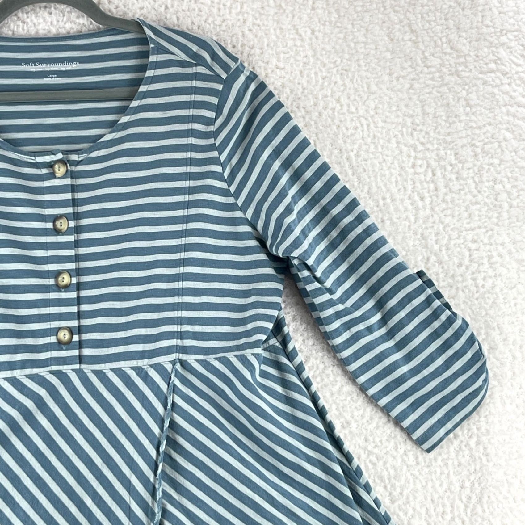 Soft Surroundings Soft Surroundings Preston Stripe Shirt Womens Large Green Roll Tab Sleeve Casual Size L / US 10 / IT 46 - 4 Thumbnail