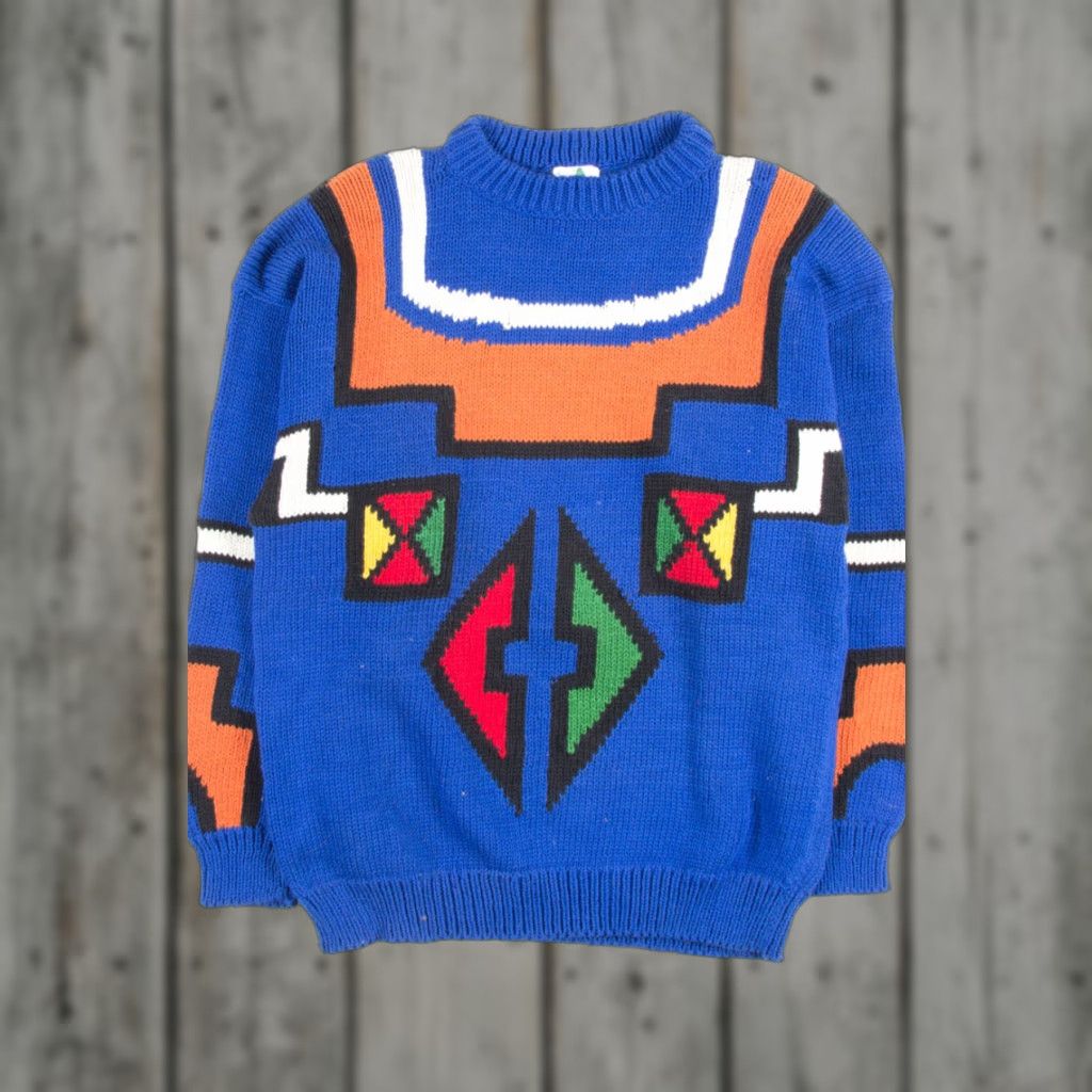 Etro VINTAGE Navy Geometric Sweater Medium Graphic Knit Pullover 80s Retro Knit Pullover Navy Mens Womens Size M / US 6-8 / IT 42-44 - 1 Thumbnail