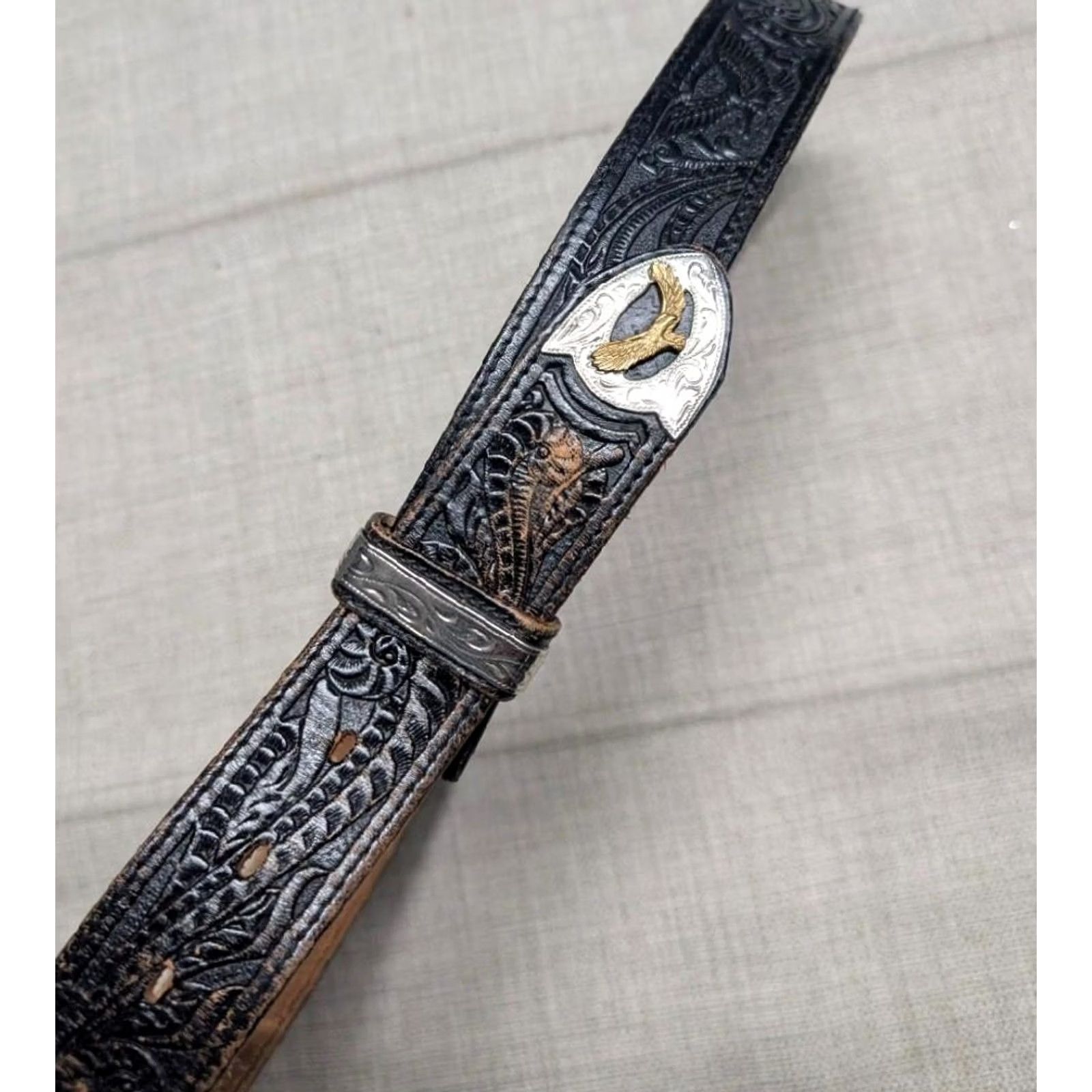 Vintage VINTAGE Leegin belt western belt Mens 34 brown leather buckle eagle tooled Full Grain Leather cowboy western america Harley Size 34 - 3 Thumbnail