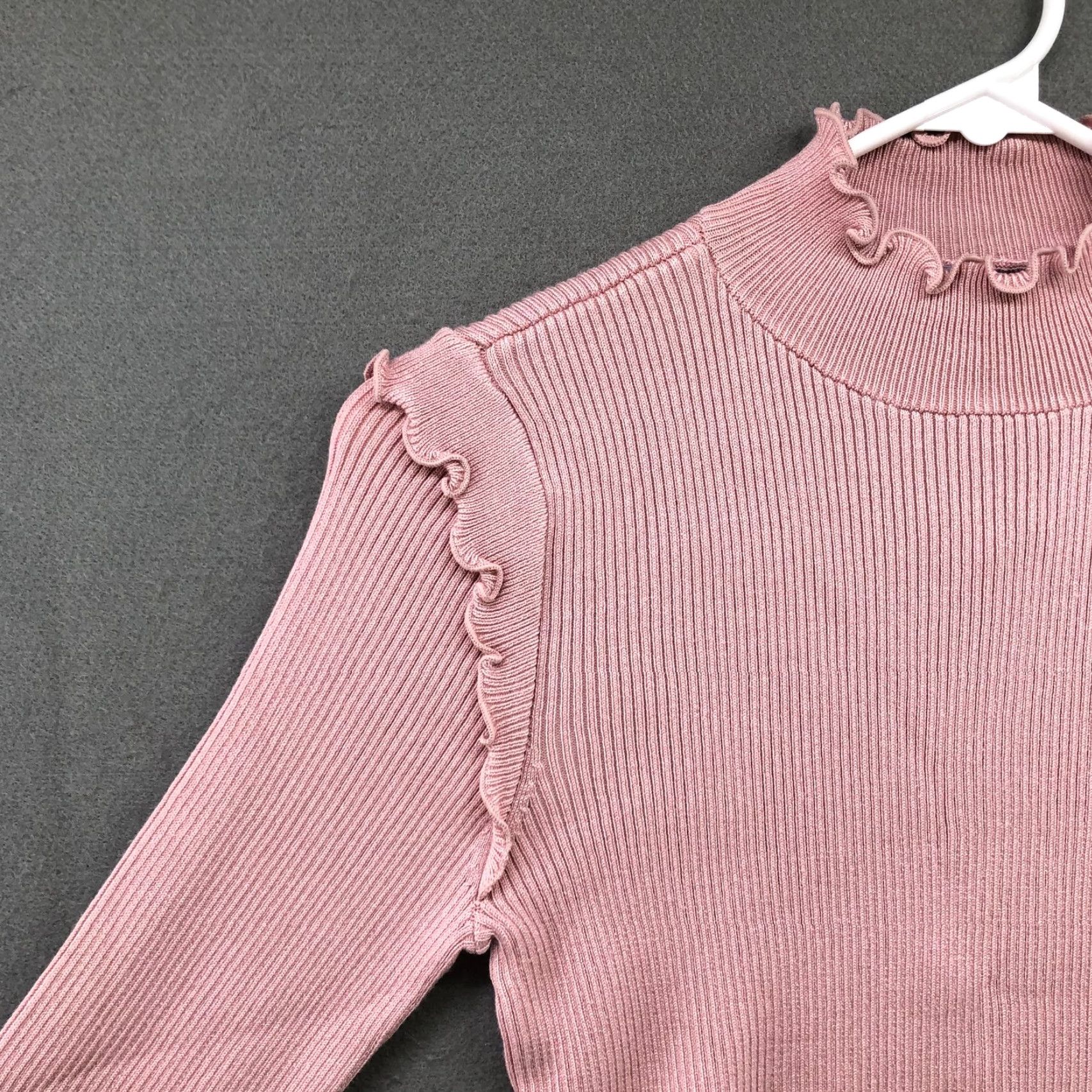 Vintage Hooked Up by IOT Sweater Womens M Pink Mock Neck Ribbed Fitted Ruffle Pullover Knit Stretch NWT Solid Size M / US 6-8 / IT 42-44 - 5 Thumbnail