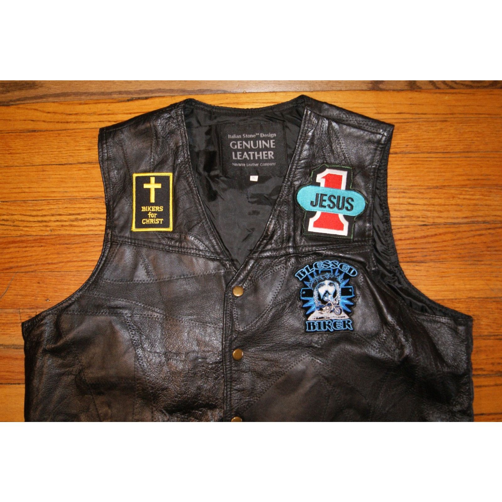 Vintage Genuine Leather Vest XL Navarre Leather Comp. Jesus Patches Size US XL / EU 56 / 4 - 2 Thumbnail