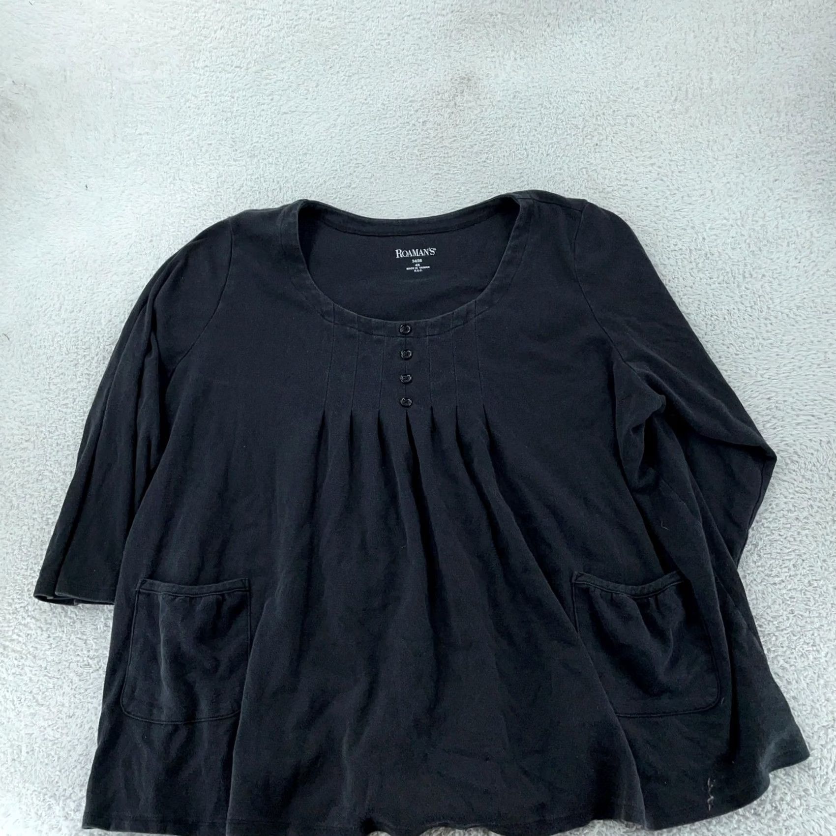Vintage Roaman's Shirt Womens 4X Black Tunic Scoop Neck Pintuck Pleated Pockets 4X Womens Shirt Tunic Scoop Neck 3/4 Sleeve Pocket Pleated Black Roaman's Size XXL / US 16-18 / IT 52-54 - 2 Thumbnail
