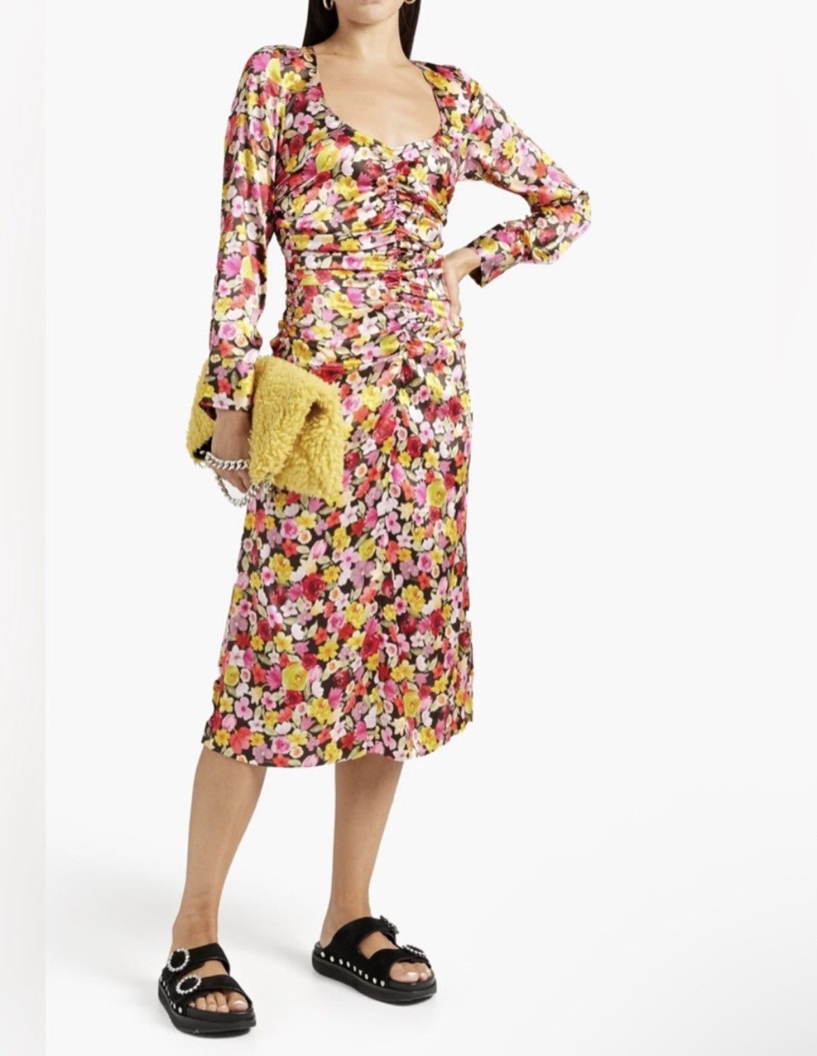 Ganni Ganni Ruched floral-print silk-blend satin midi Dress Size L / US 10 / IT 46 - 2 Thumbnail