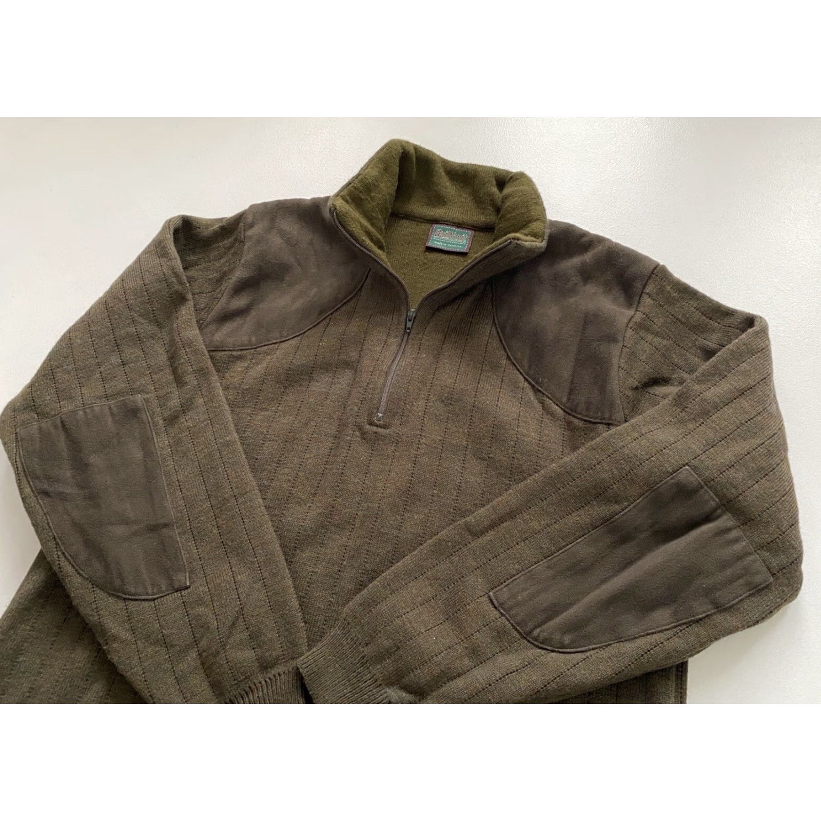Vintage Quiltknit Men’s Wool Hunting Sweater 1/4 Zip Knit Forest Green M Pullover Patch Mock Neck UK Made in Wales Mens Size US M / EU 48-50 / 2 - 5 Thumbnail