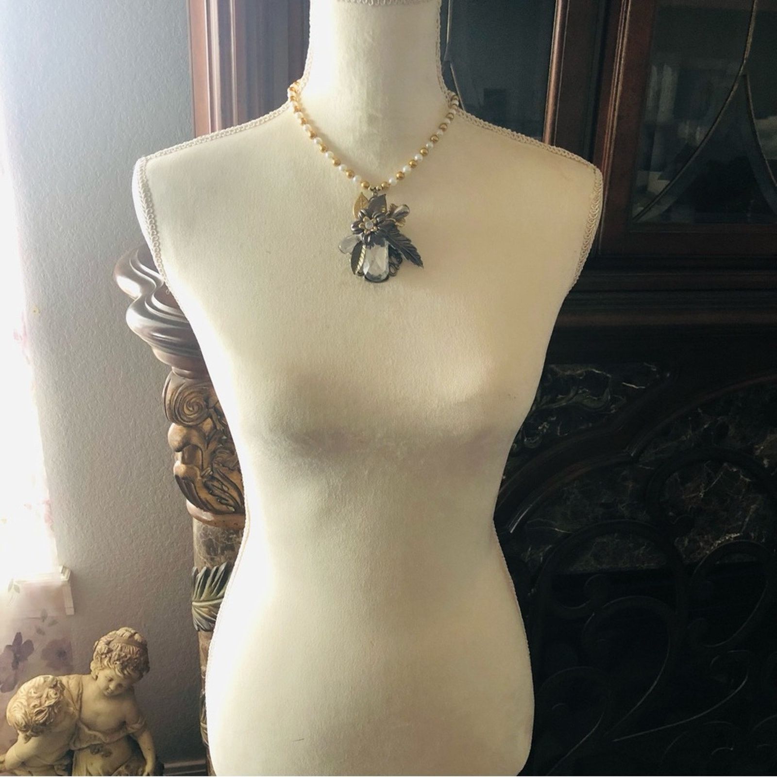 Handmade Handcrafted repurpose large stone filigree Pearl necklace Size ONE SIZE - 5 Thumbnail