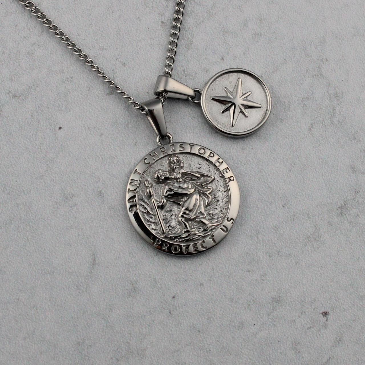 Jewelry Silver Saint Christopher & North Star Pendant Necklace Set Size ONE SIZE - 4 Thumbnail