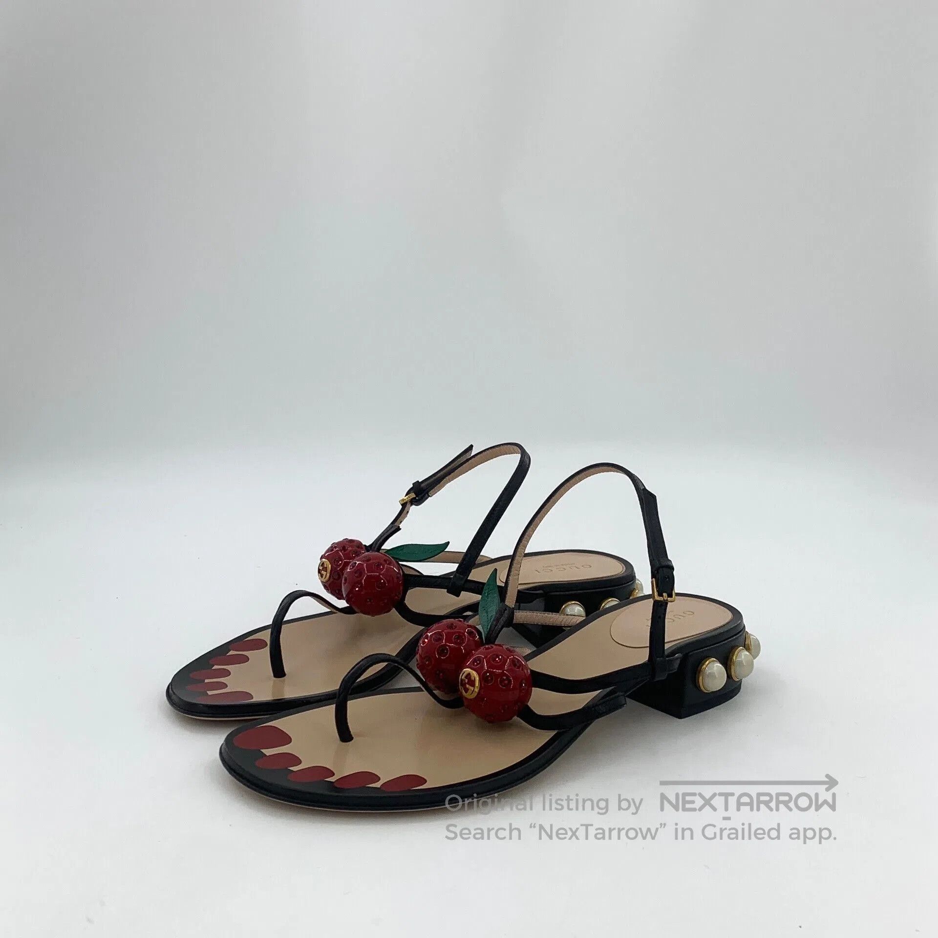 Gucci Gucci 37 Black Pearl Cherry Thong Sandals. Size US 6 / IT 36 - 1 Thumbnail
