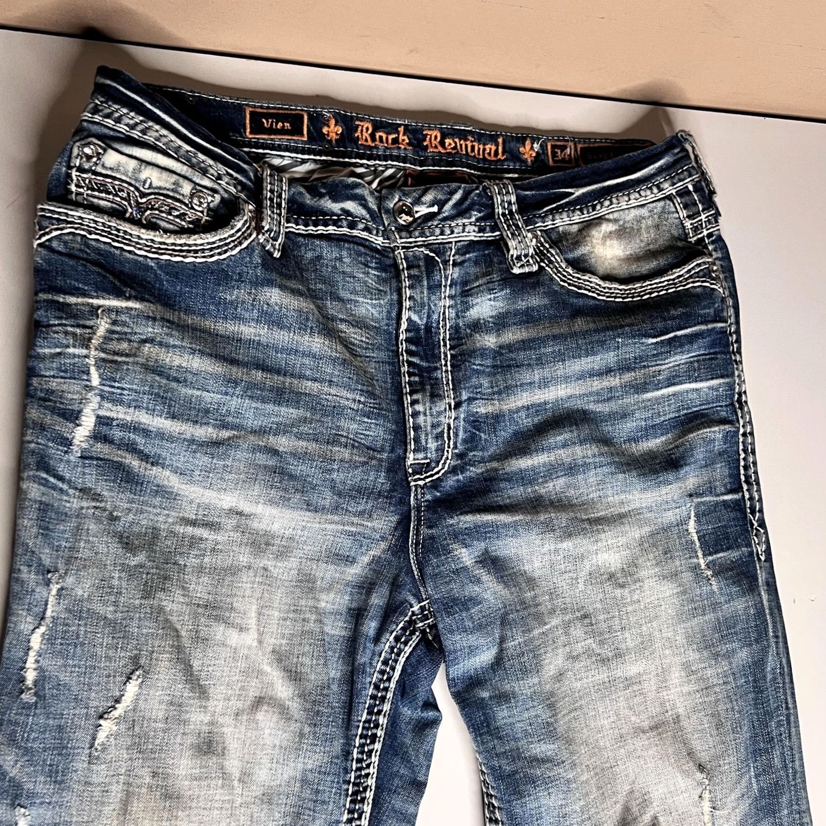 Vintage Rock Revival Jeans Mens 36x32 Blue Vien Easy Straight Rhinestone Pockets Denim Size US 34 / EU 50 - 4 Thumbnail