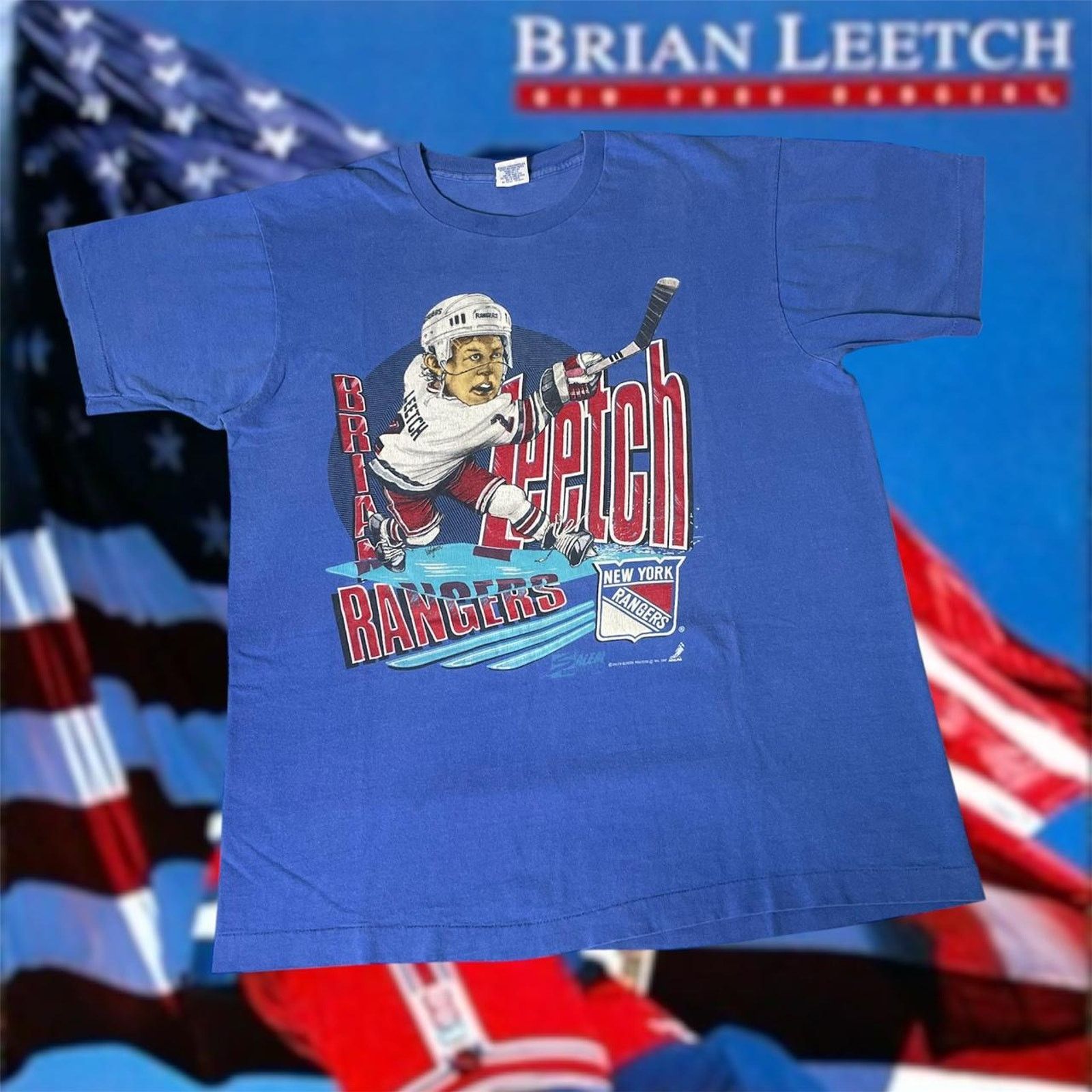 Salem Sportswear Vintage 1990 NHL Brian Leetch New York Rangers Hockey Tee Size US XL / EU 56 / 4 - 1 Thumbnail