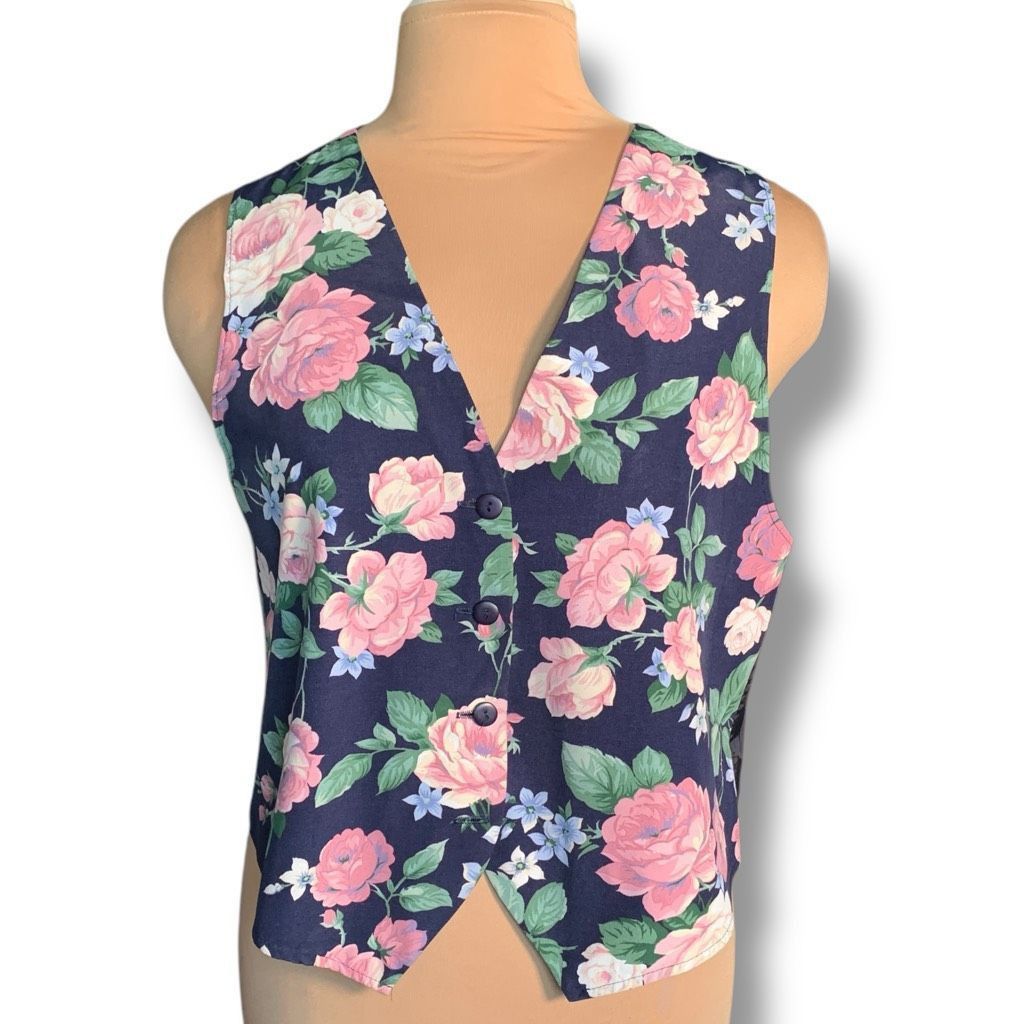 Vintage Vintage 90s Floral Vest Tailored Waistcoat Blue Pink Rose Fl Size M / US 6-8 / IT 42-44 - 2 Thumbnail
